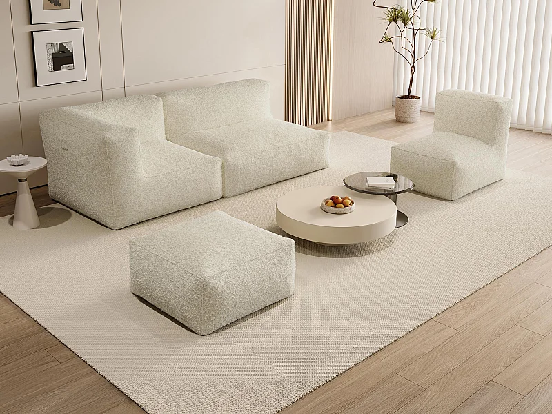 Sofá modular con sillón y puf de tela rizada beige NOUMARA