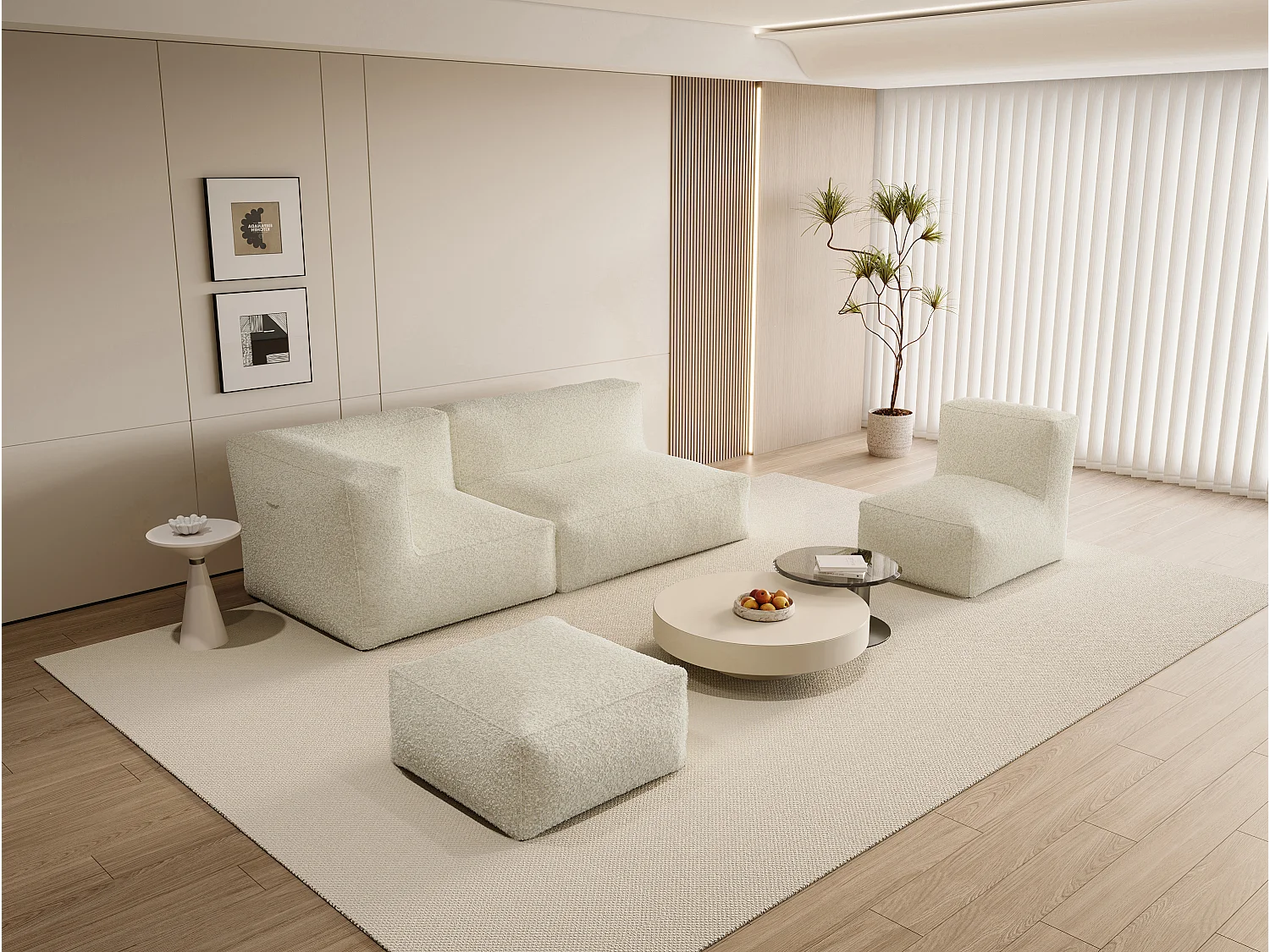 Modulær sofa med lenestol og puff i beige bouclé-stoff NOUMARA