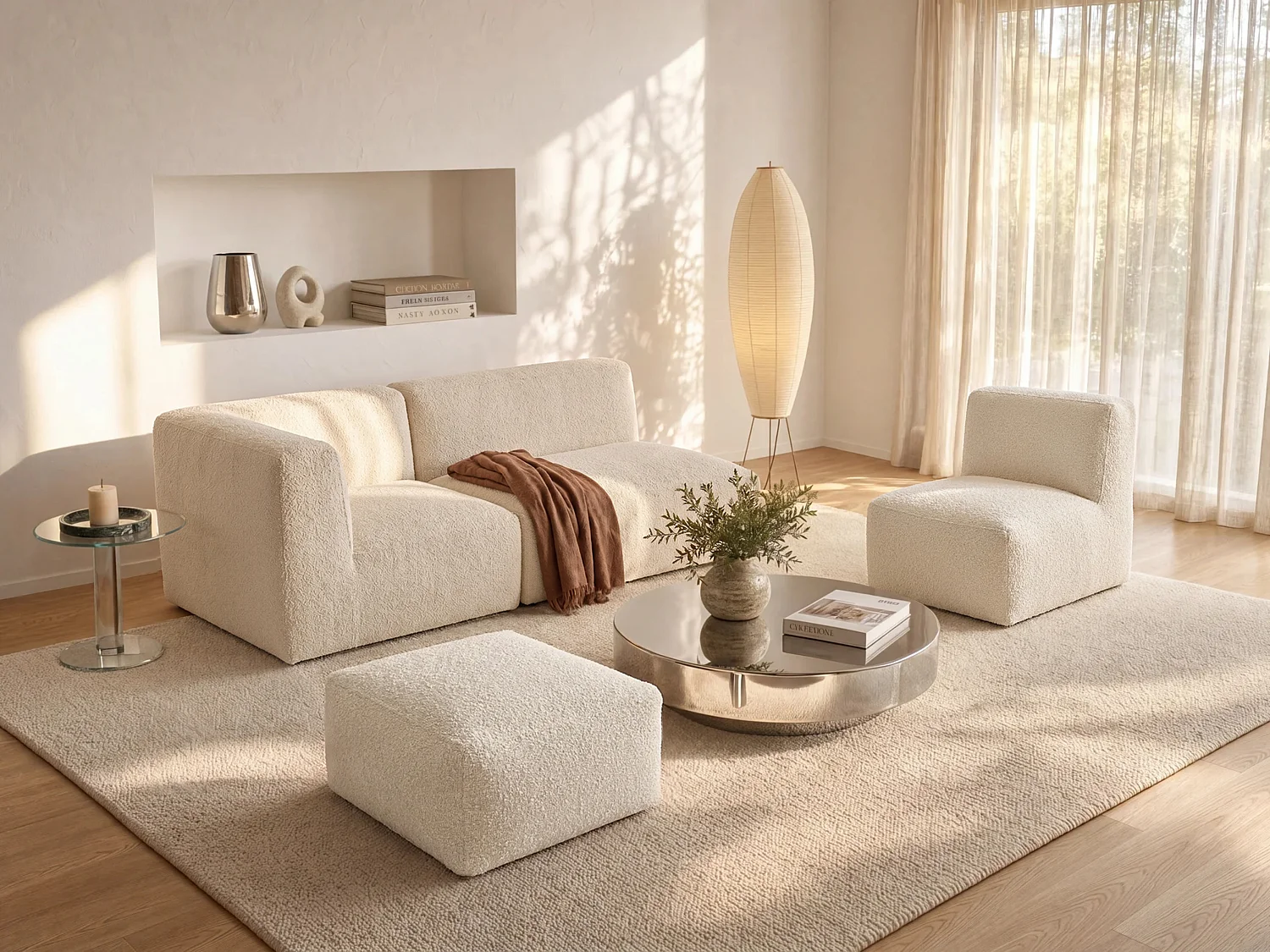 Divano modulare con poltrona e pouf in Tessuto bouclette Beige - NOUMARA