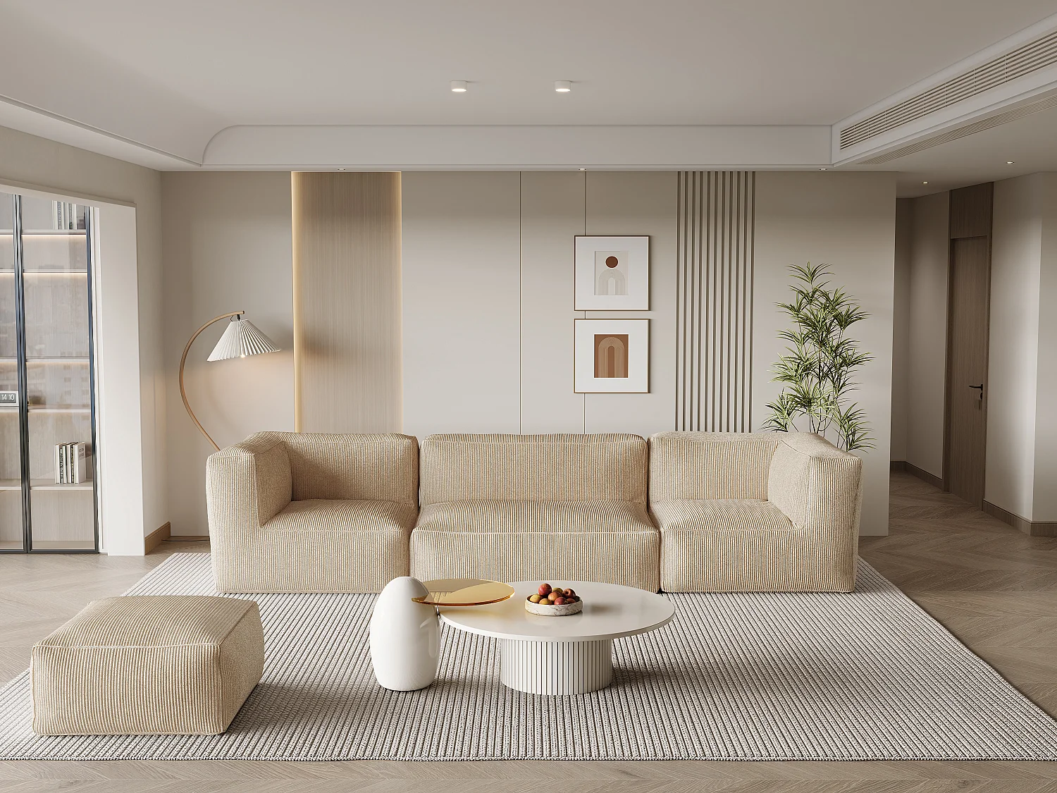 Modulaire zitbank met poef van beige ribfluweel NOUMARA