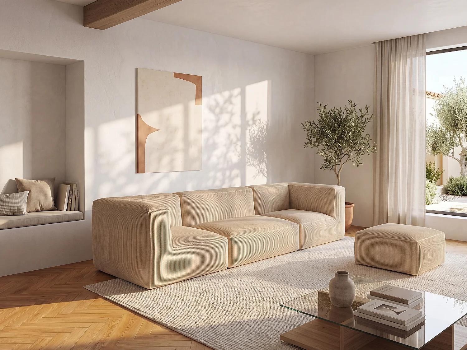 Canapé modulable avec pouf en velours côtelé beige NOUMARA