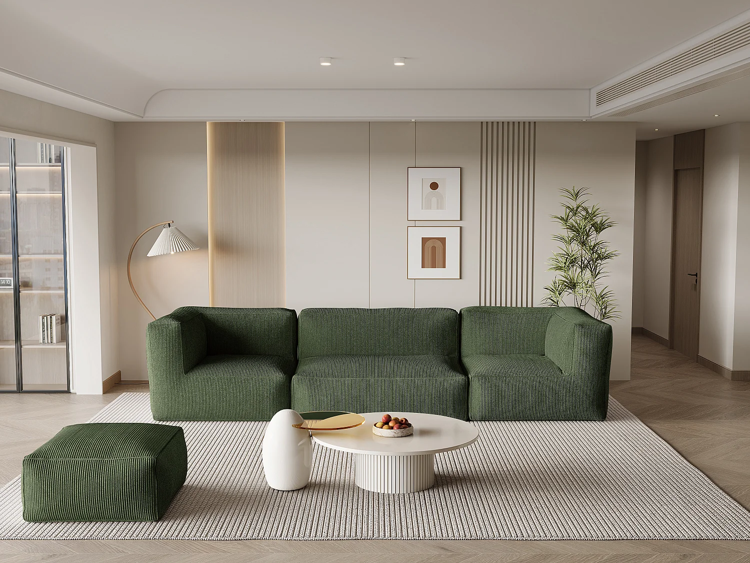 Moduleerbare zitbank met fauteuil met poef van groen ribfluweel NOUMARA