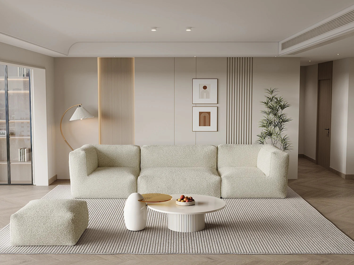 Canapé modulable avec pouf en tissu bouclette beige NOUMARA