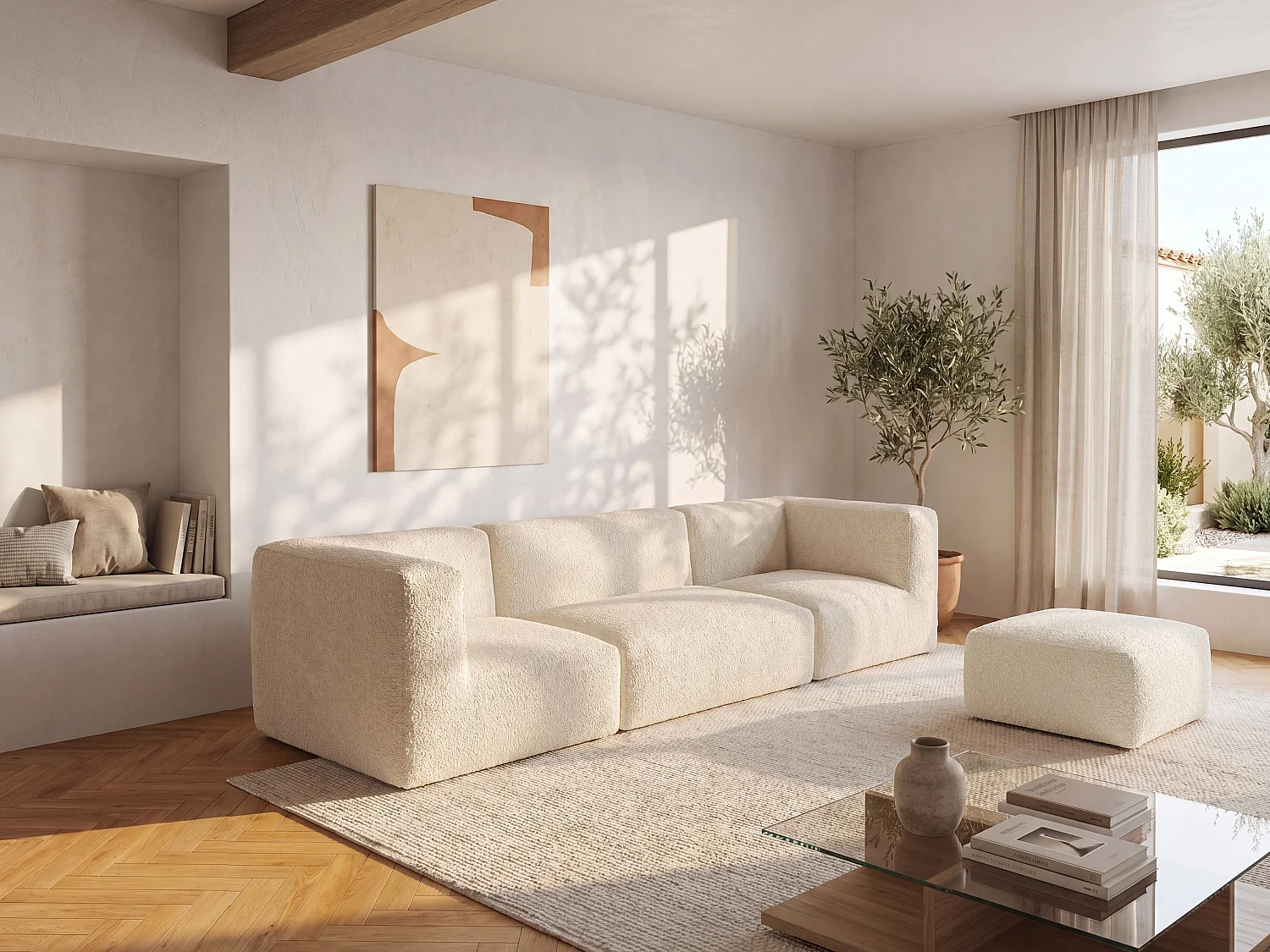 Modulaire zitbank met poef van beige boucléstof NOUMARA