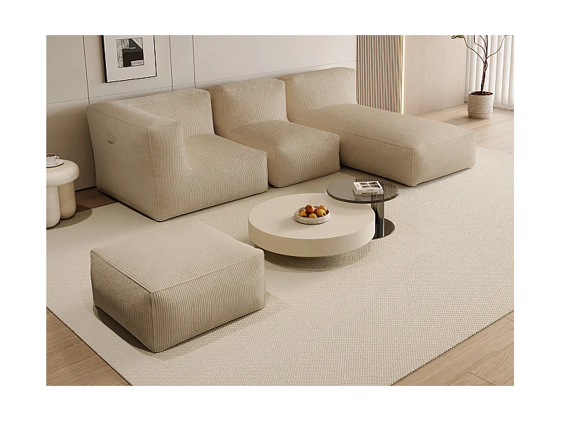 Canapé d'angle modulable avec pouf en velours côtelé beige NOUMARA