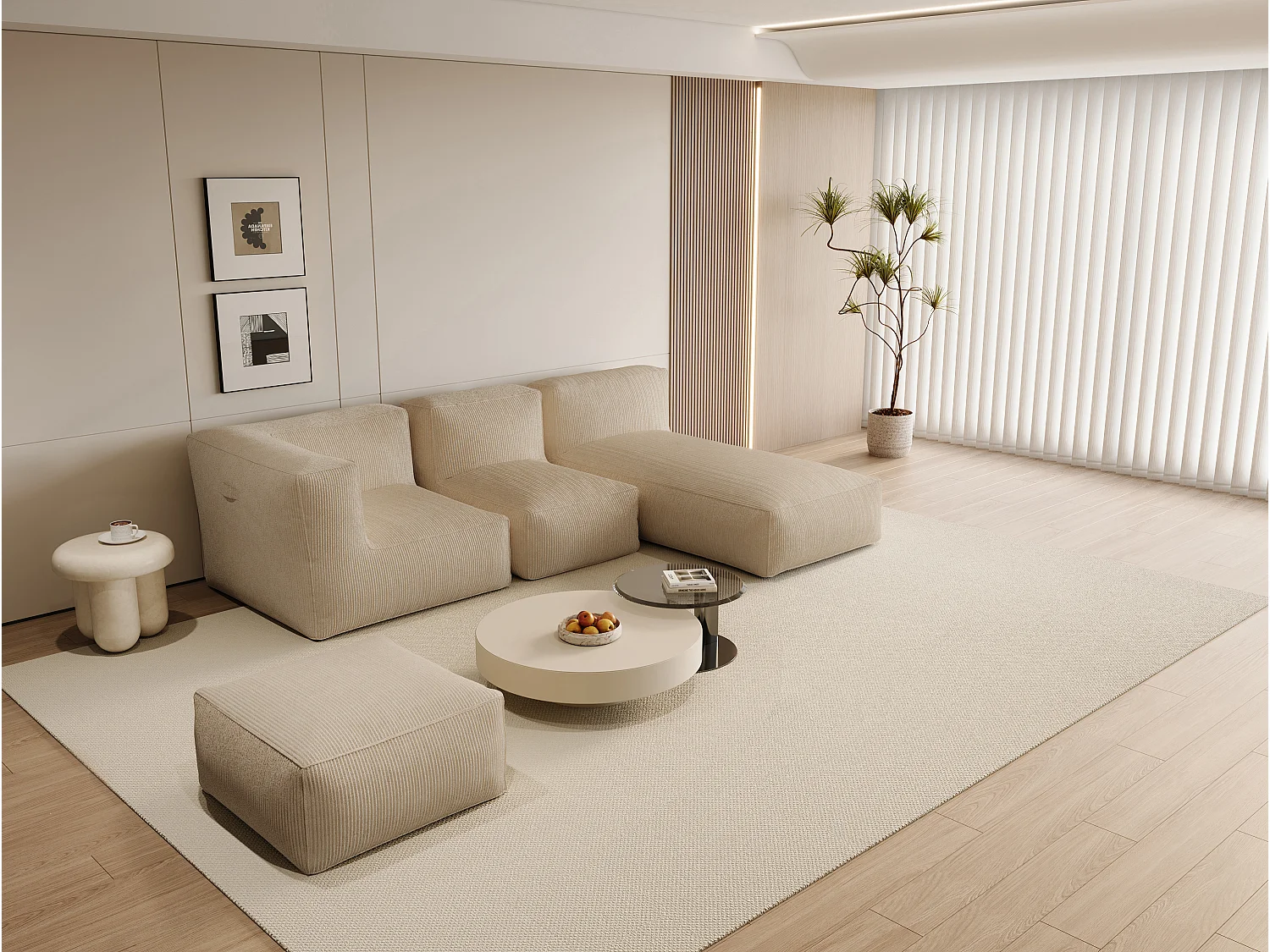 Canapé d'angle modulable avec pouf en velours côtelé beige NOUMARA