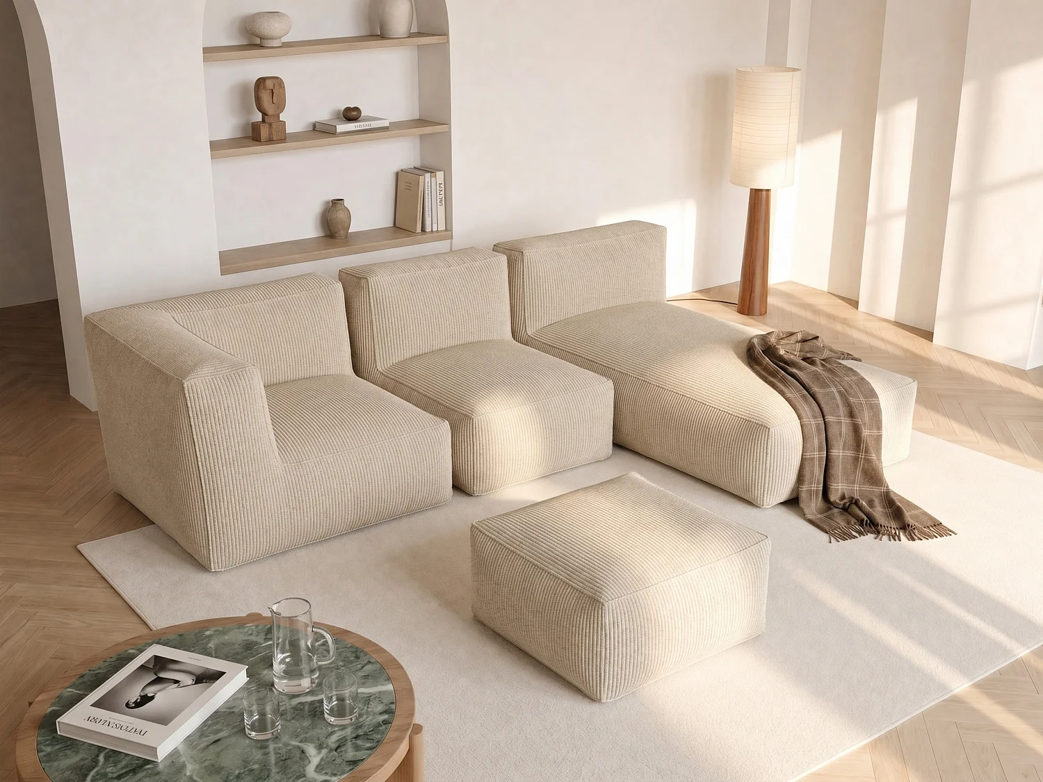 Modulaire hoekzitbank met poef van beige ribfluweel NOUMARA