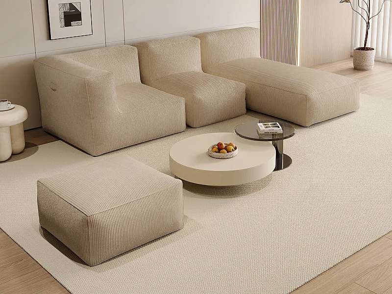 Canapé d'angle modulable avec pouf en velours côtelé beige NOUMARA