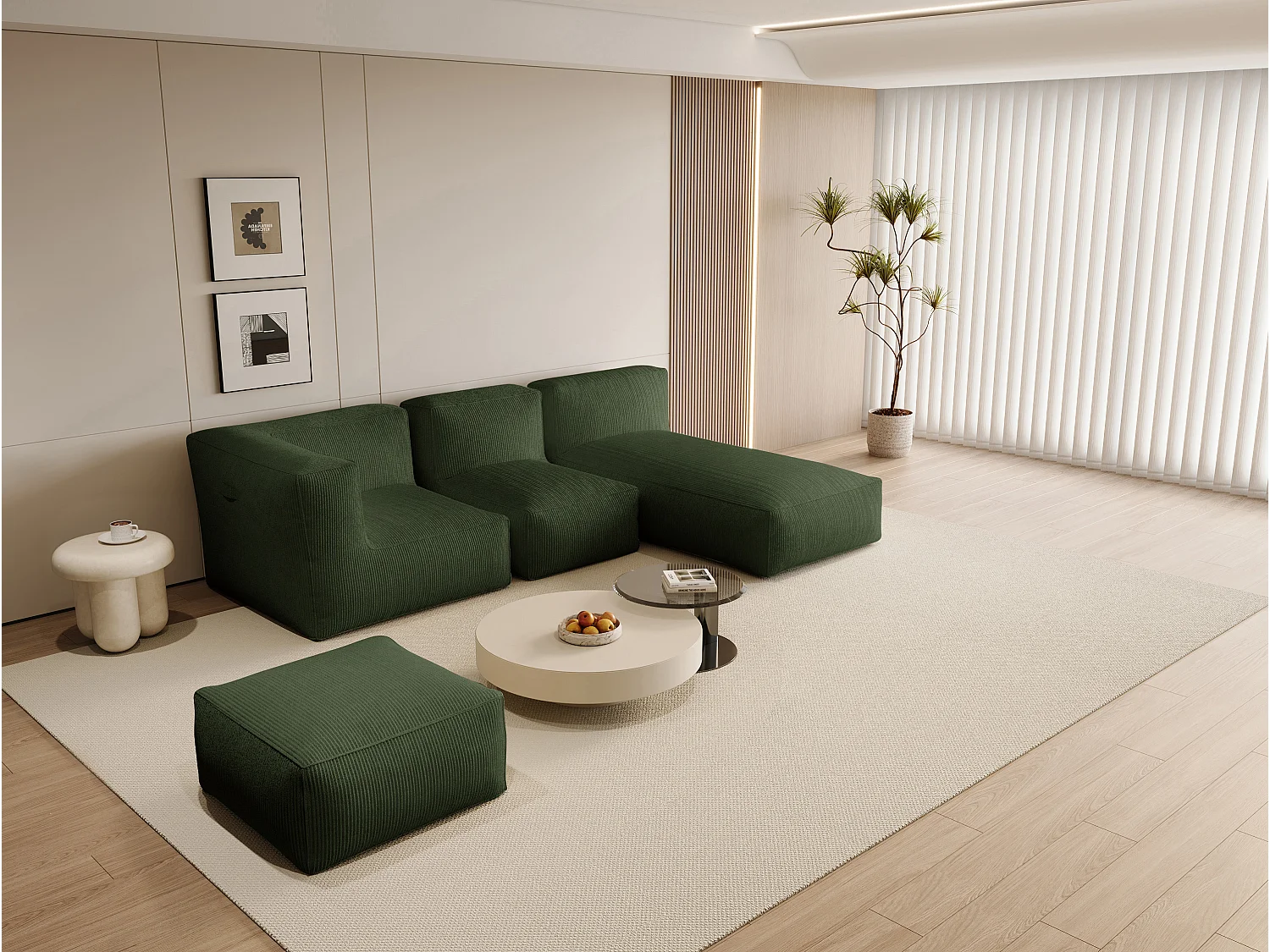 Divano angolare modulare con pouf in Velluto a coste Verde - NOUMARA