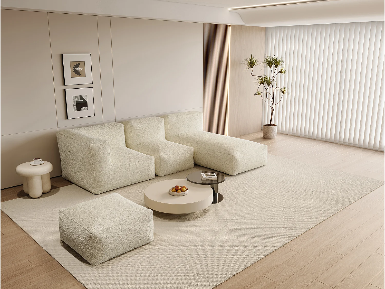 Canapé d'angle modulable avec pouf en tissu bouclette beige NOUMARA