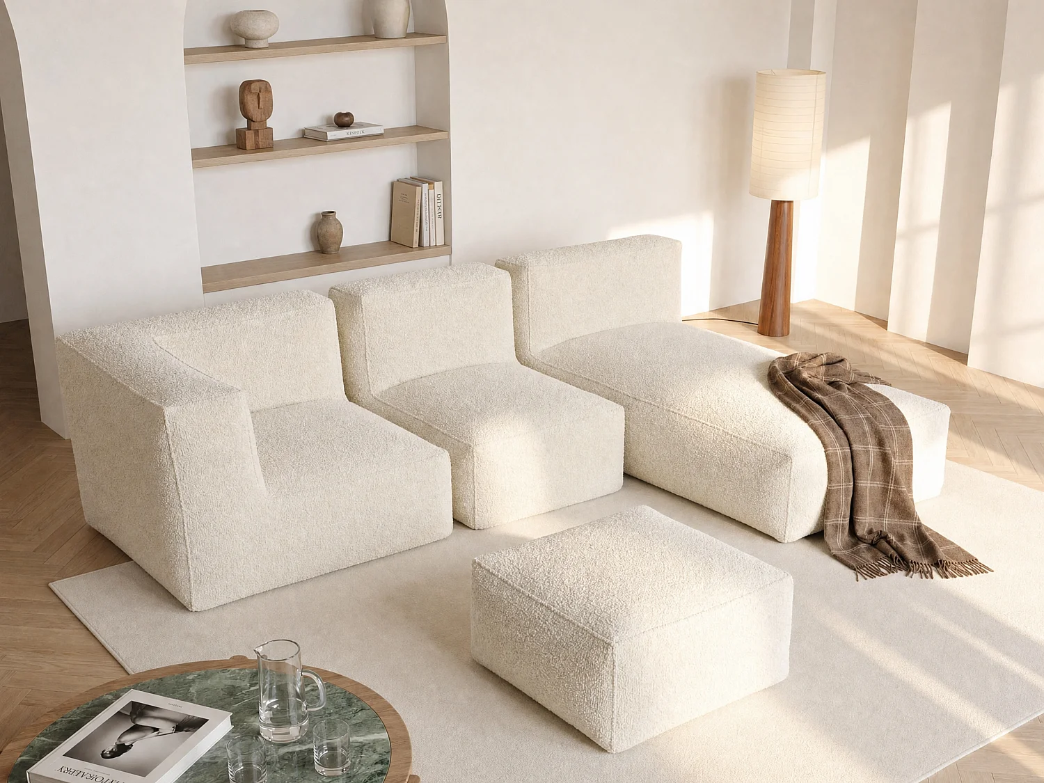 Modulær hjørnesofa med puf i beige bouclé stof NOUMARA