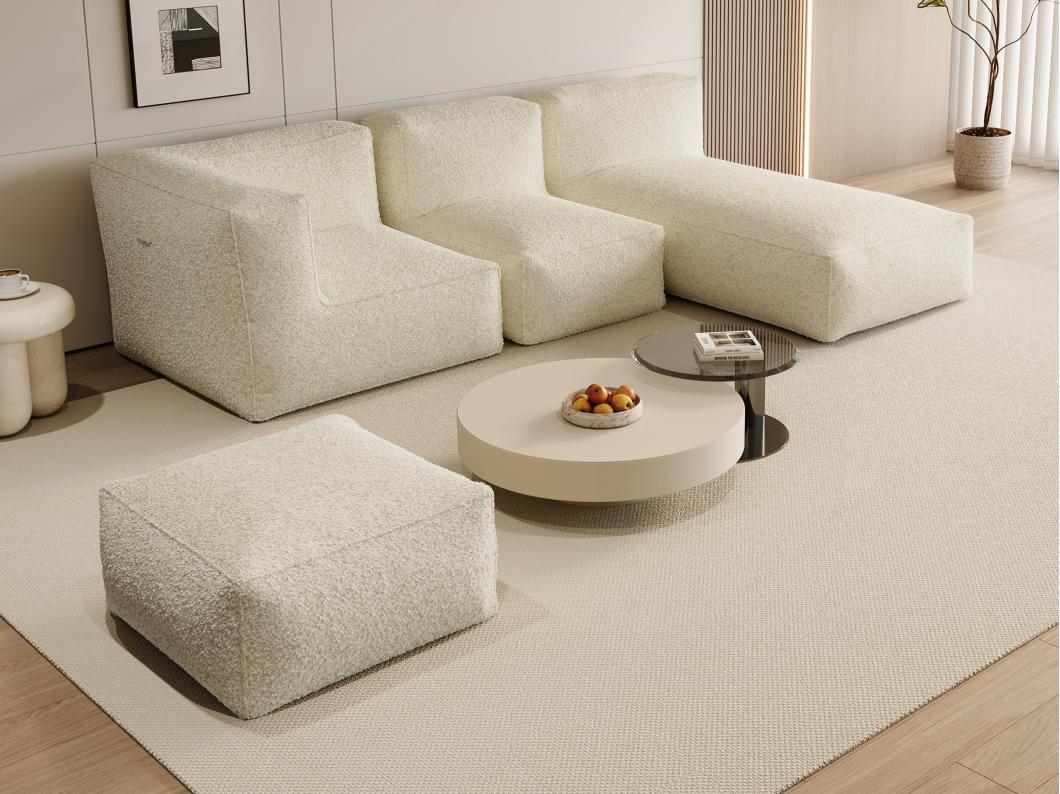 Divano angolare modulare con pouf in Tessuto bouclette Beige - NOUMARA