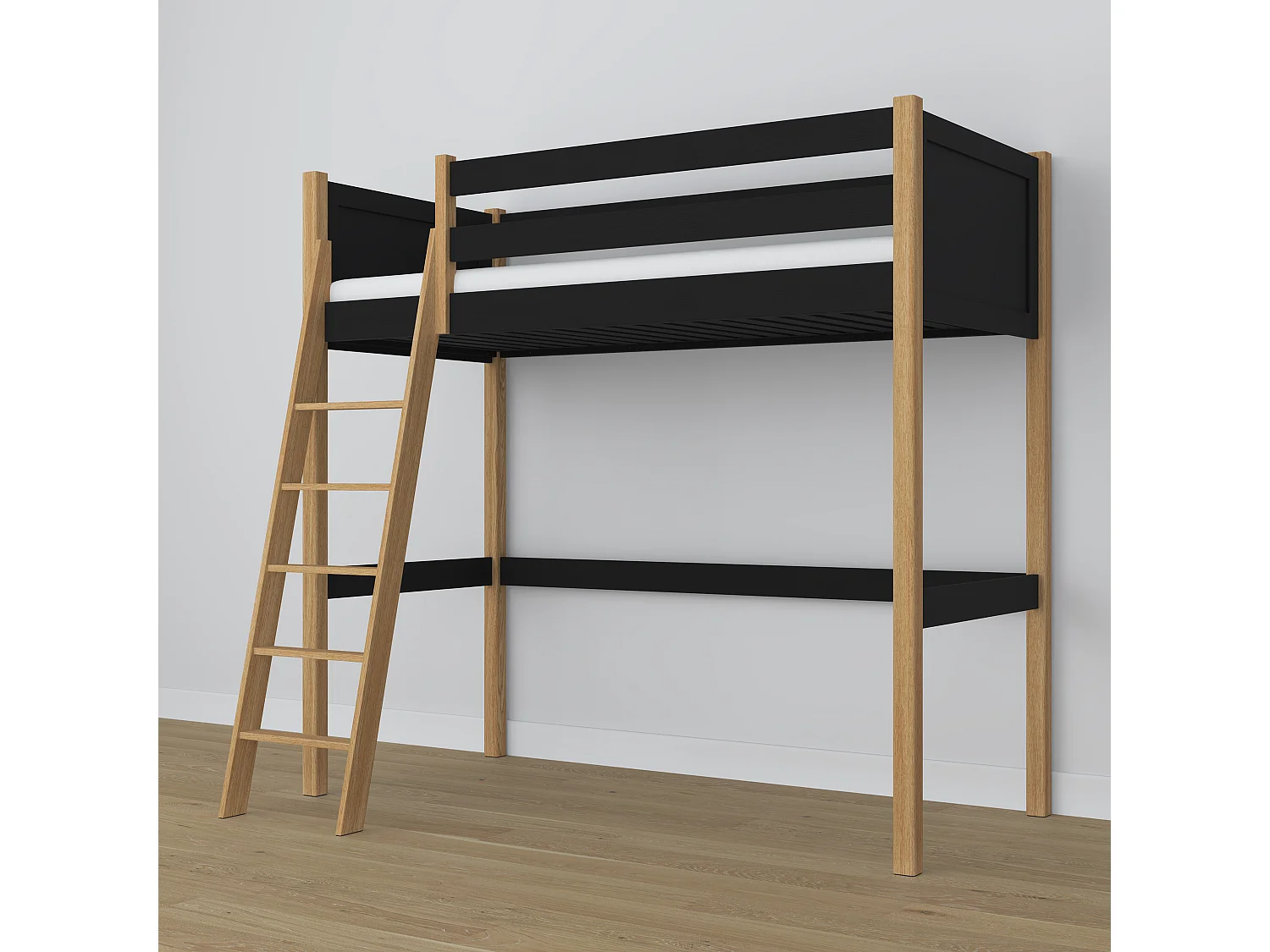 Lit mezzanine en bois N04 Noir / Chêne Naturel 100x180