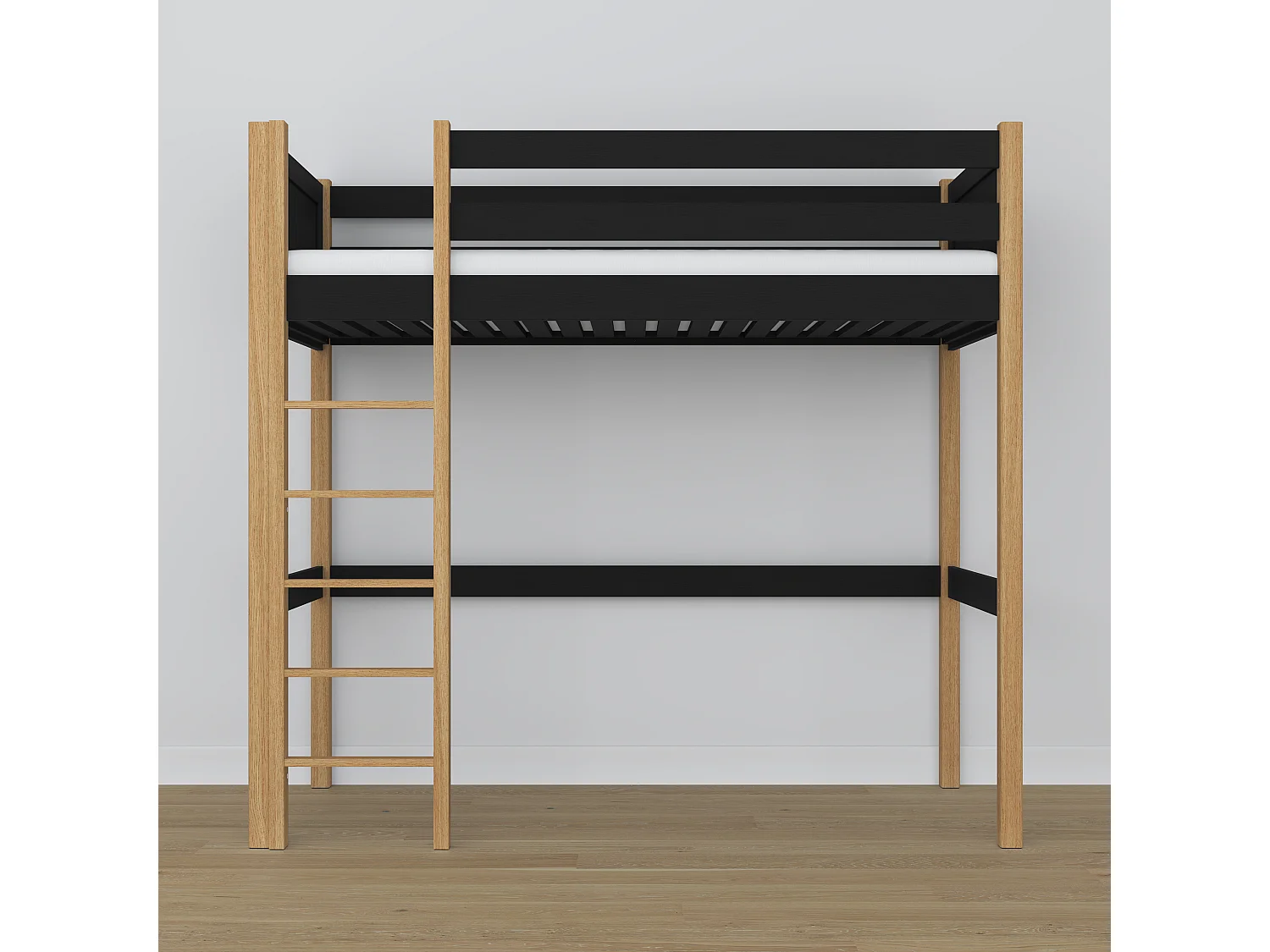 Lit mezzanine en bois N06 Noir / Chêne Naturel 90x190