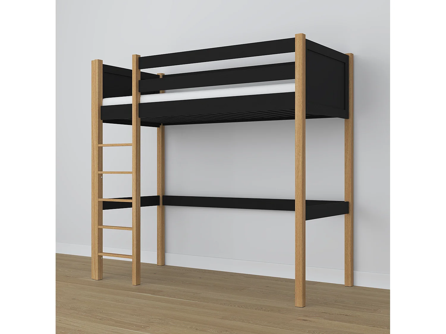 Lit mezzanine en bois N06 Noir / Chêne Naturel 100x180