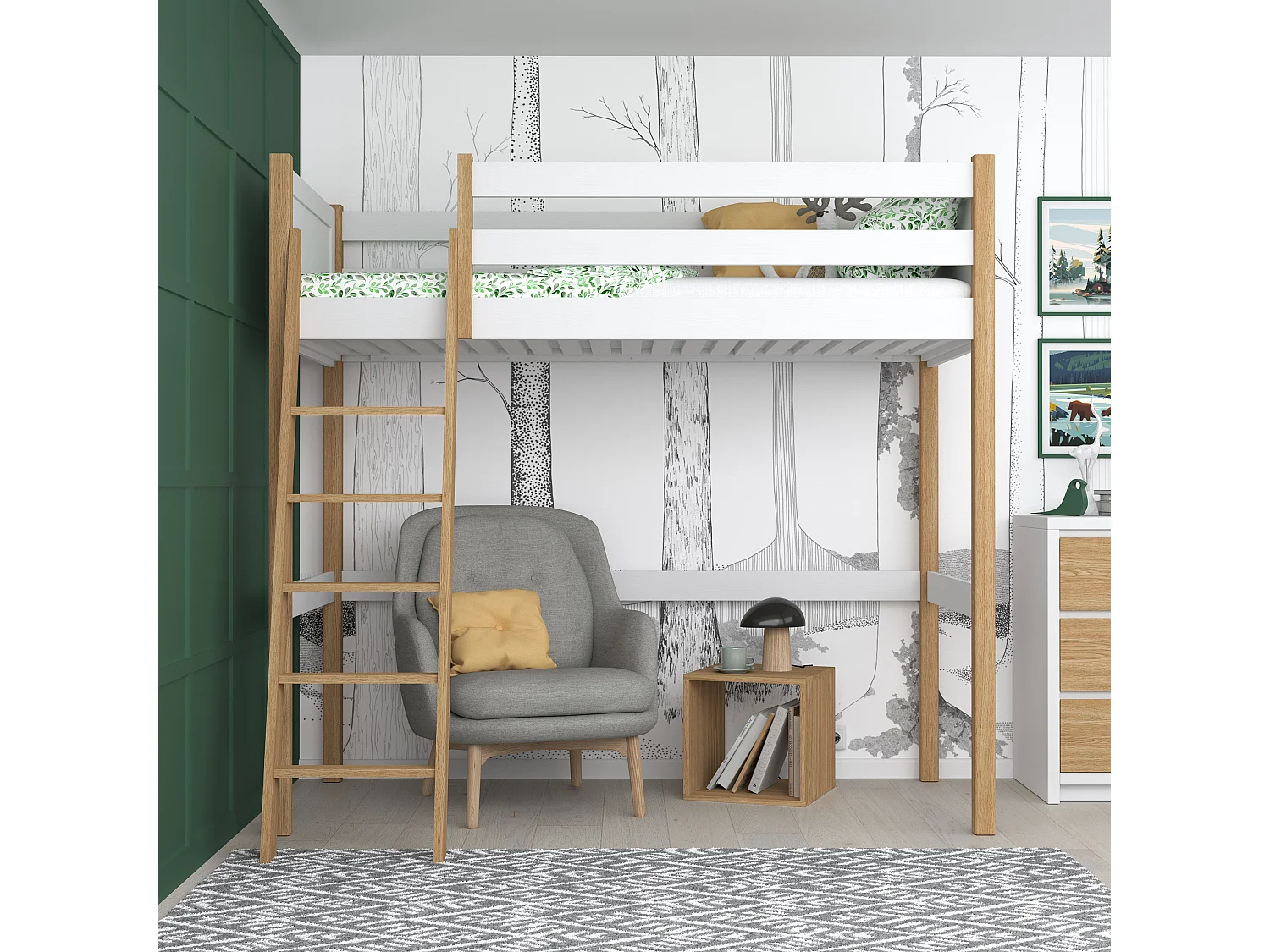 Lit mezzanine en bois N04 Blanc / Chêne Naturel 80x200