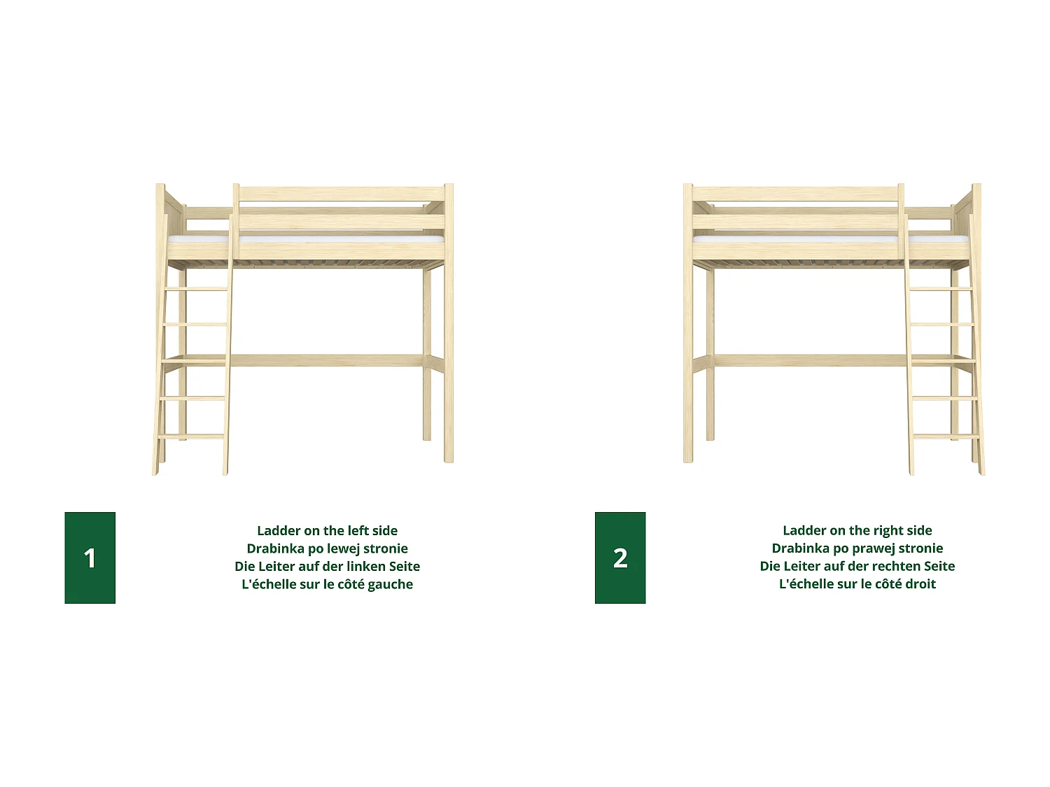 Lit mezzanine en bois N04 Pin Clair 90x180