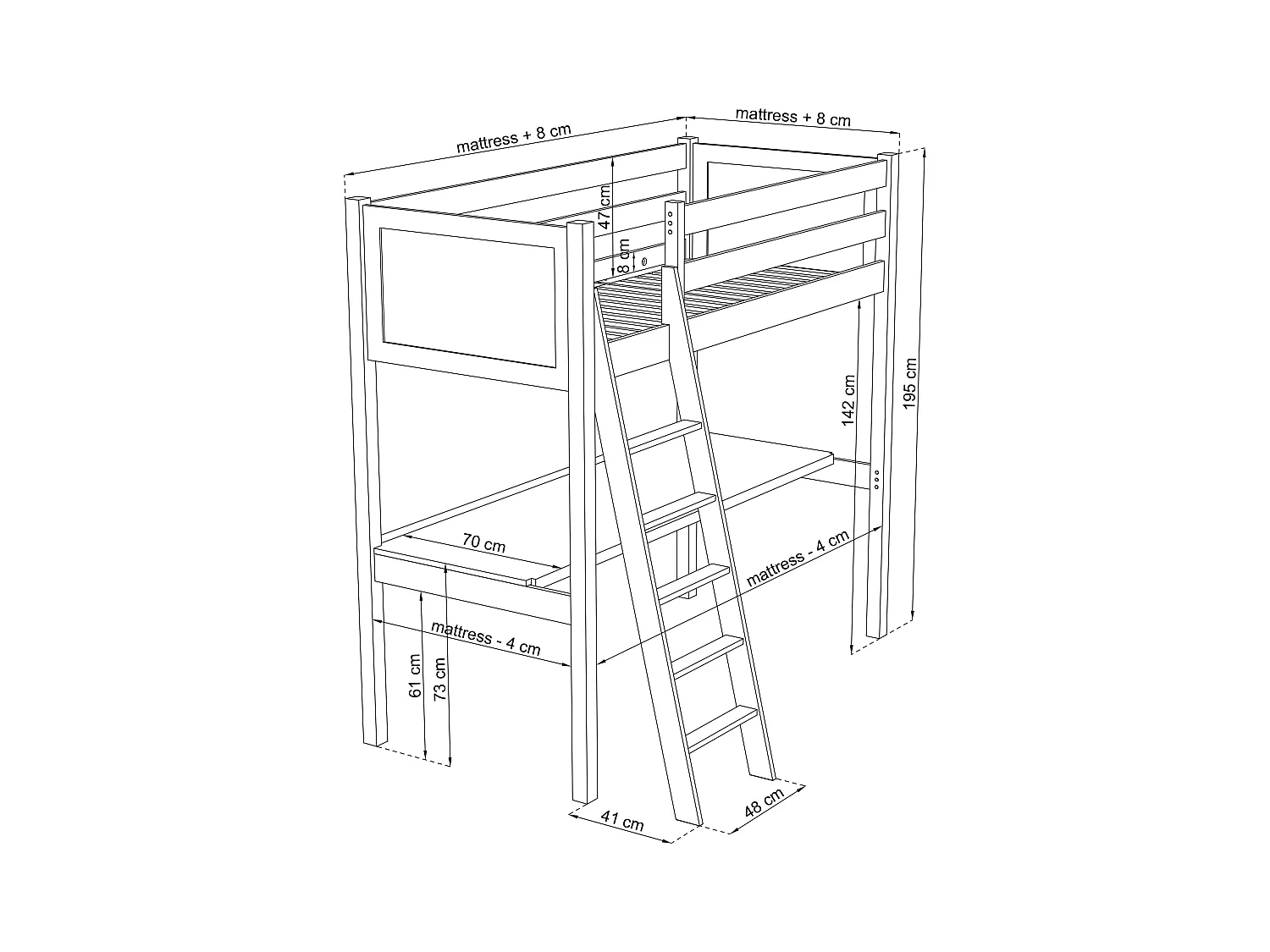 Lit mezzanine en bois - avec bureau N04 Blanc / Chêne Naturel 120x180