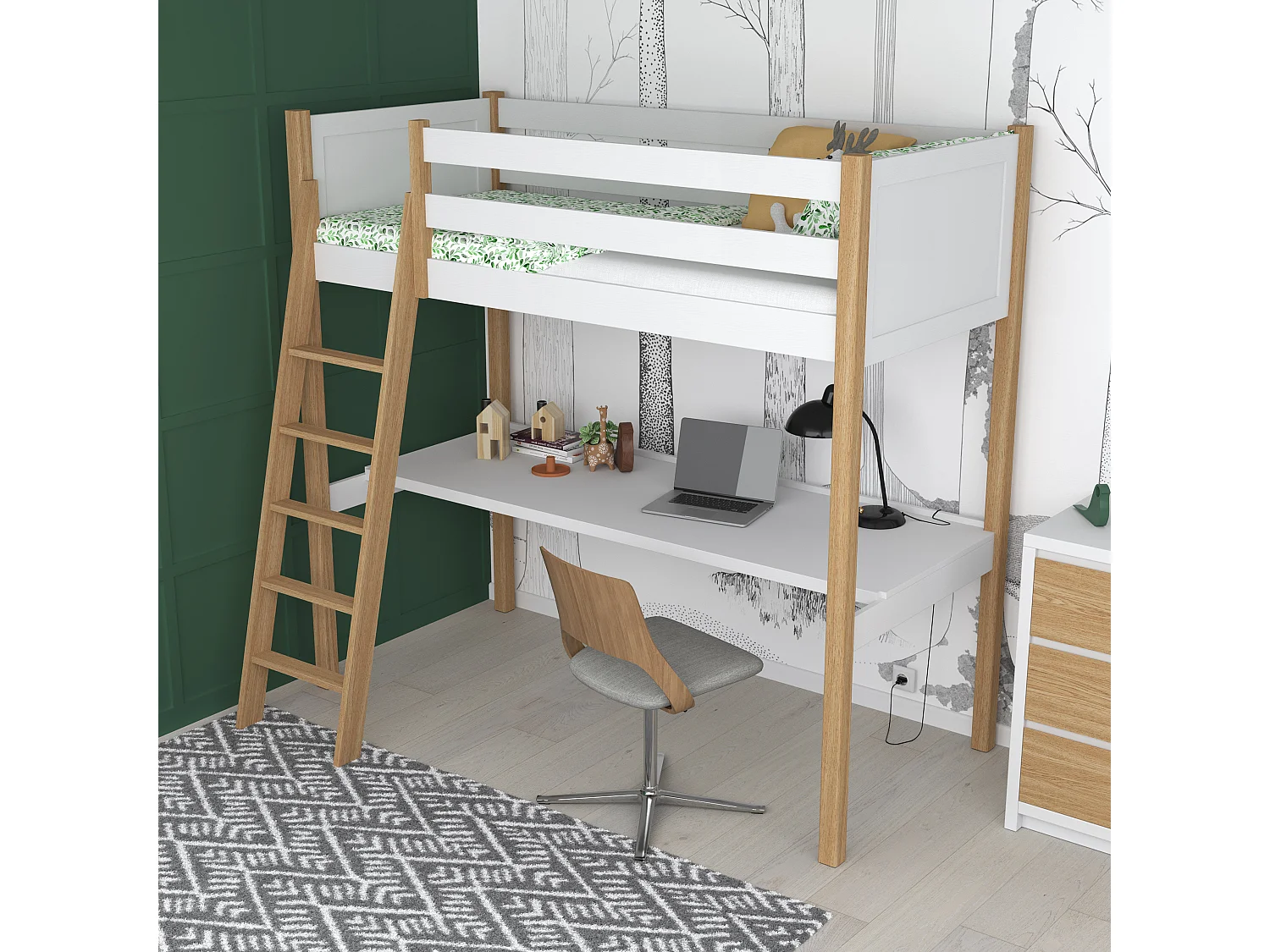 Lit mezzanine en bois - avec bureau N04 Blanc / Chêne Naturel 120x180