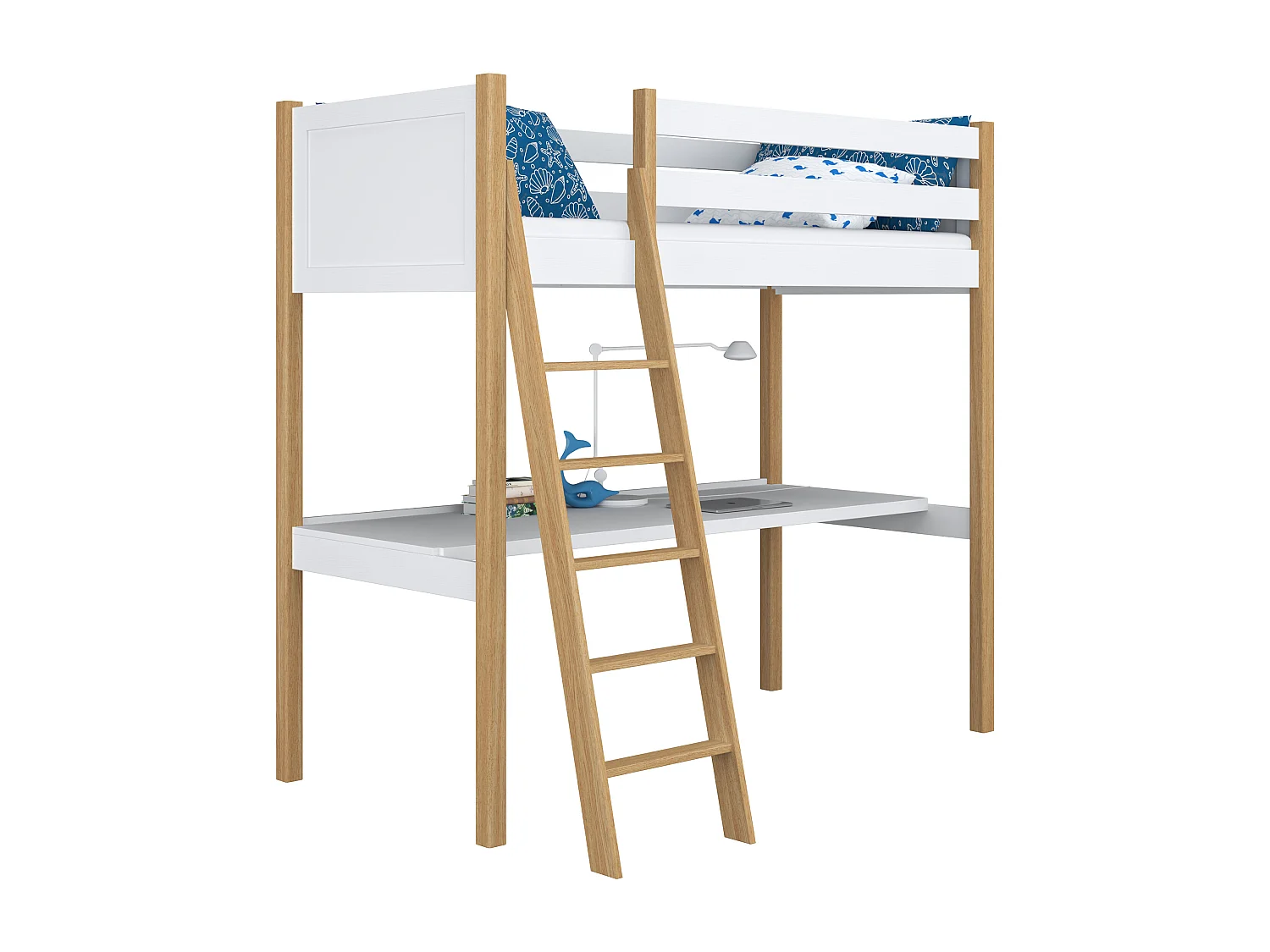 Lit mezzanine en bois - avec bureau N04 Blanc / Chêne Naturel 120x180
