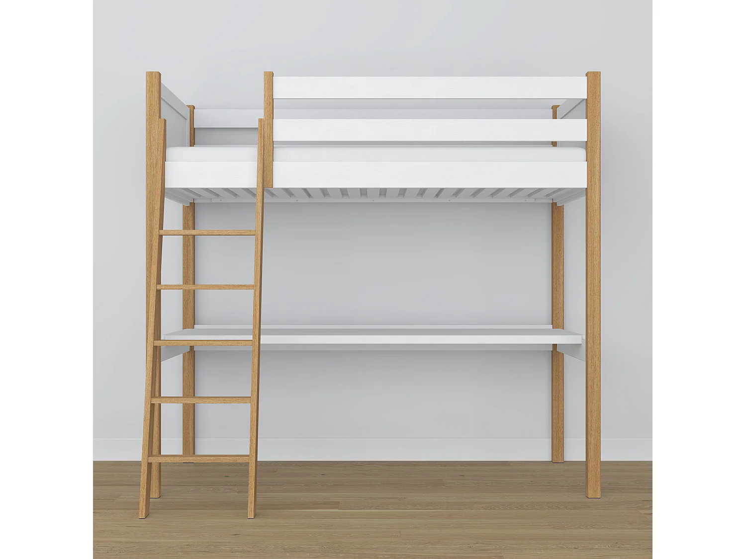 Lit mezzanine en bois - avec bureau N04 Blanc / Chêne Naturel 120x180