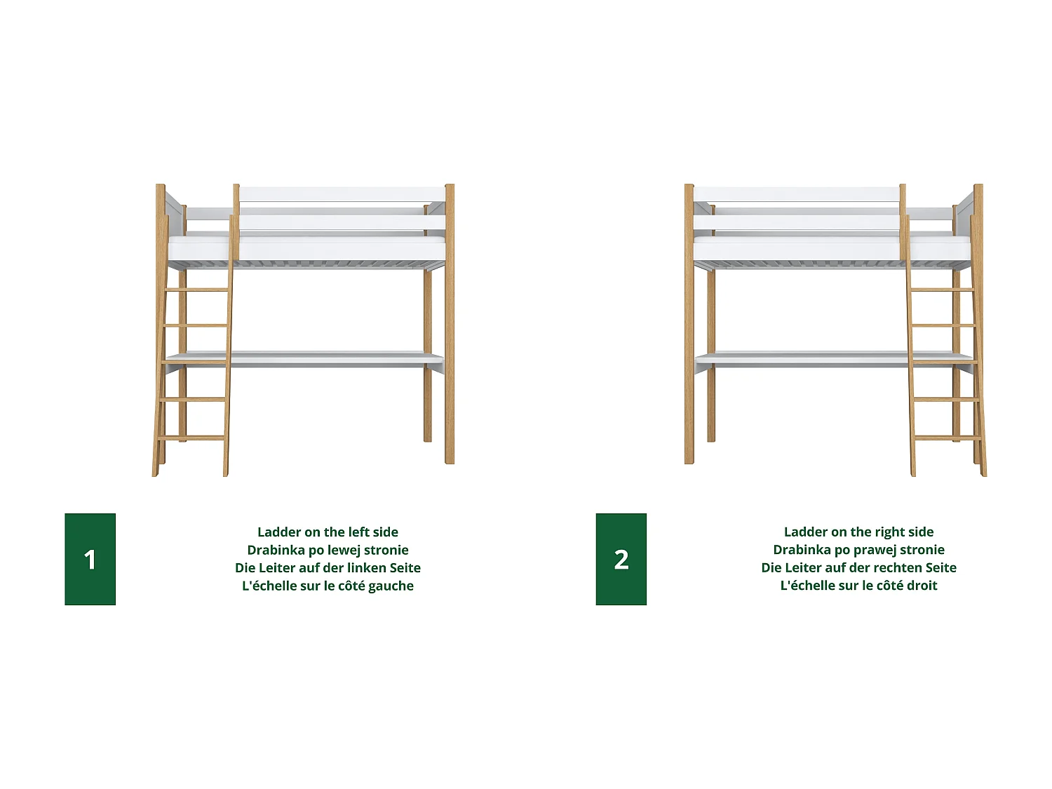 Lit mezzanine en bois - avec bureau N04 Blanc / Chêne Naturel 120x180