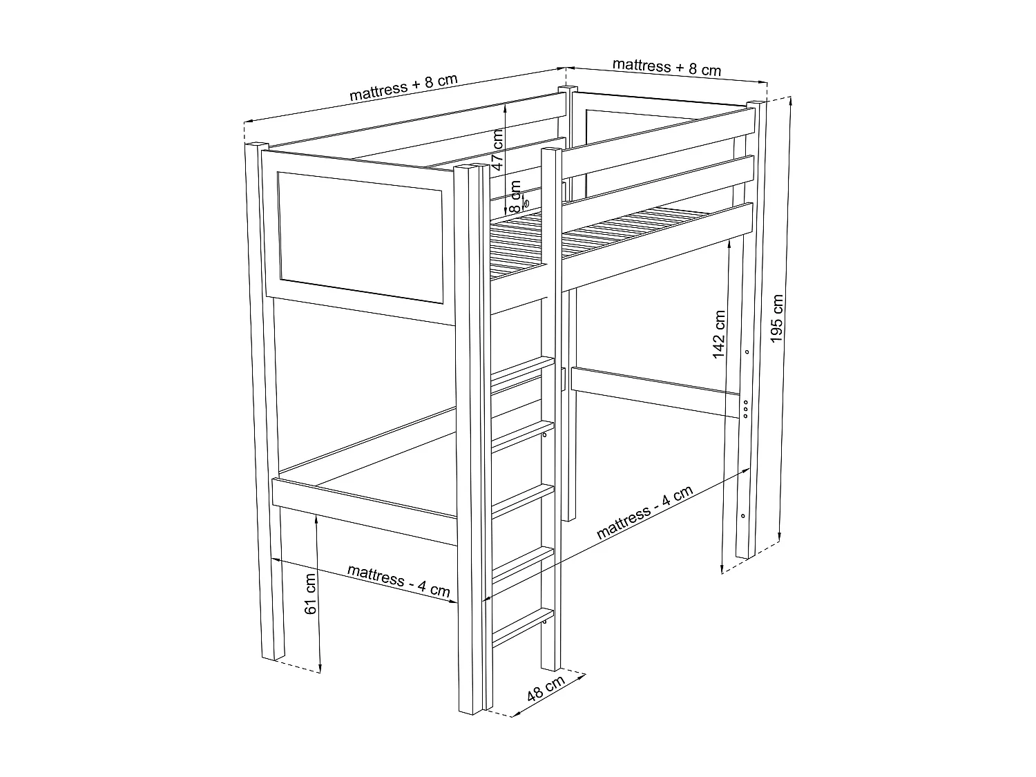 Lit mezzanine en bois N06 Pin Naturel 90x200