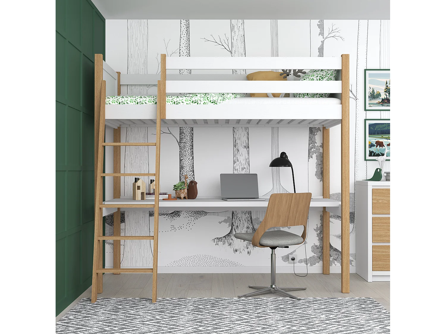 Lit mezzanine en bois - avec bureau N04 Blanc / Chêne Naturel 80x180