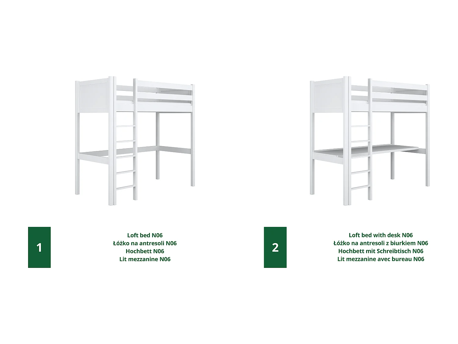 Lit mezzanine en bois N06 Blanc 80x200