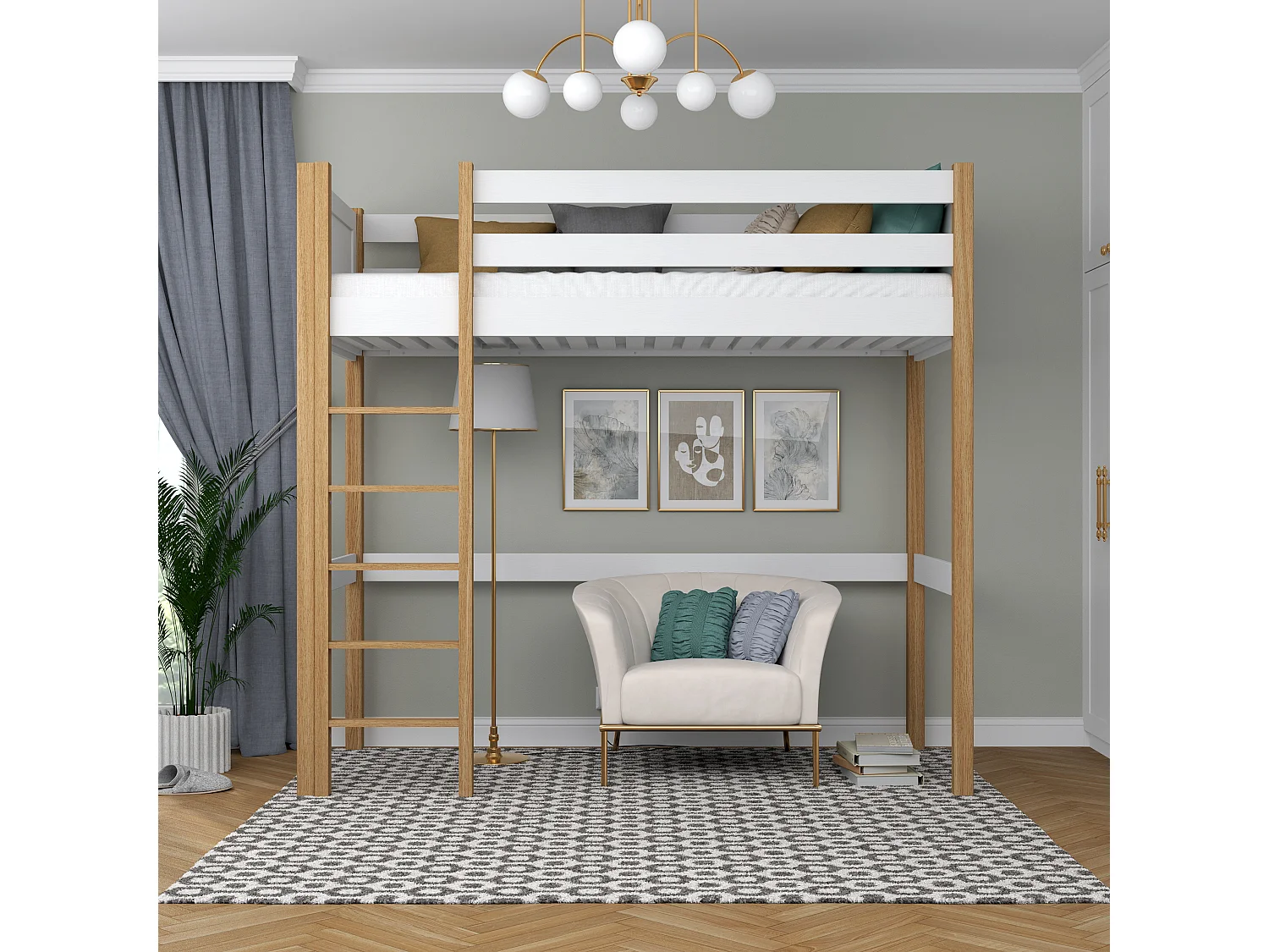 Lit mezzanine en bois N06 Blanc / Chêne Naturel 100x190