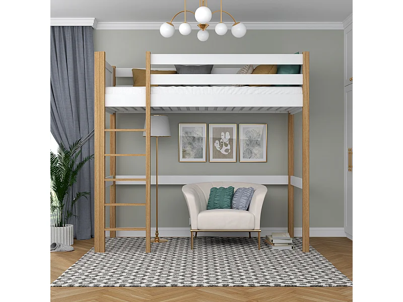 Lit mezzanine en bois N06 Blanc / Chêne Naturel 100x190