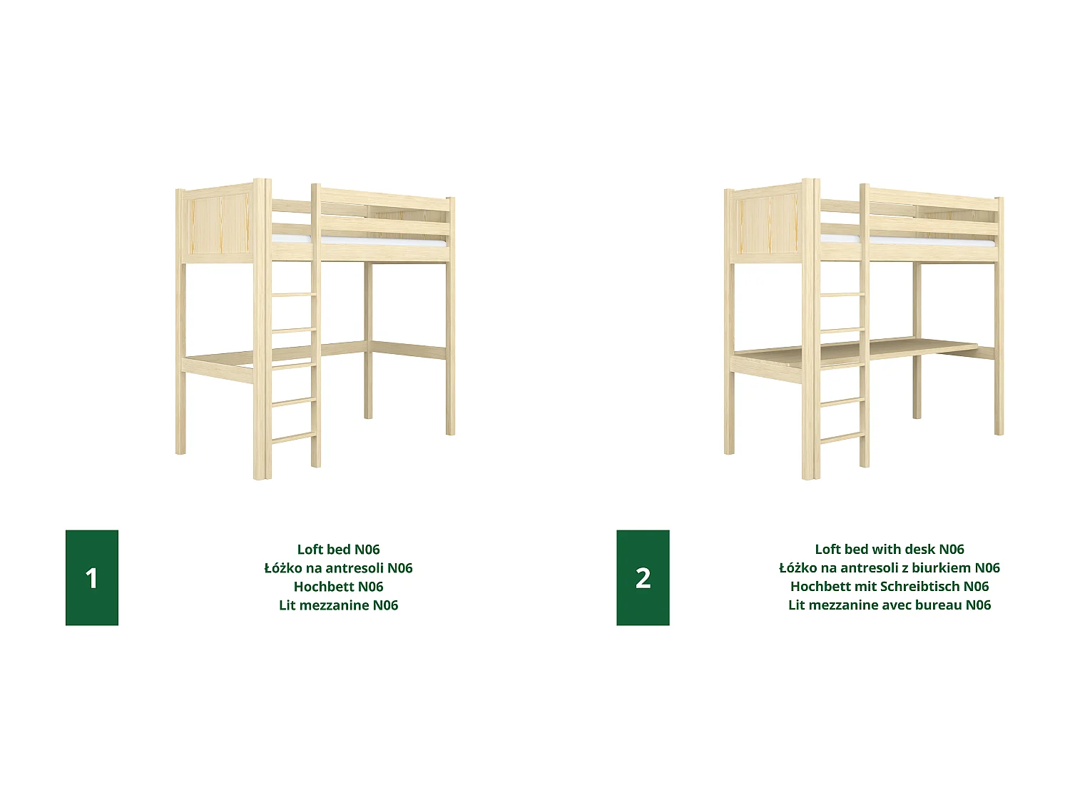 Lit mezzanine en bois N06 Pin Clair 100x180