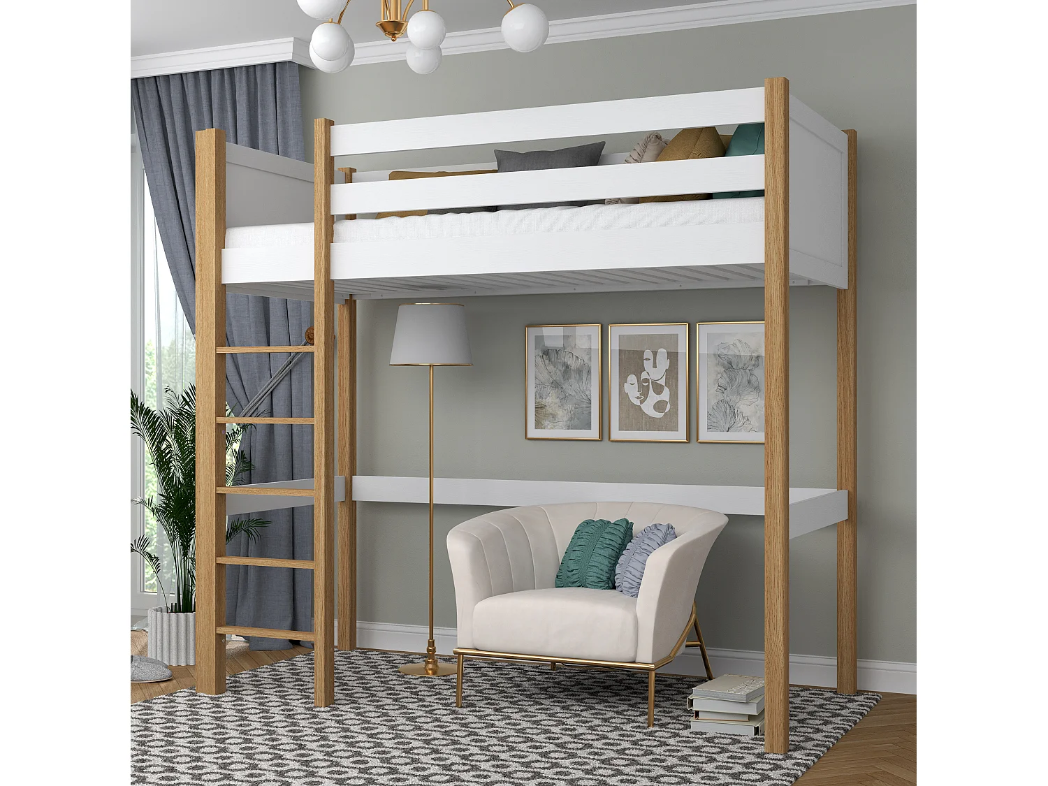 Lit mezzanine en bois N06 Blanc / Chêne Naturel 120x180