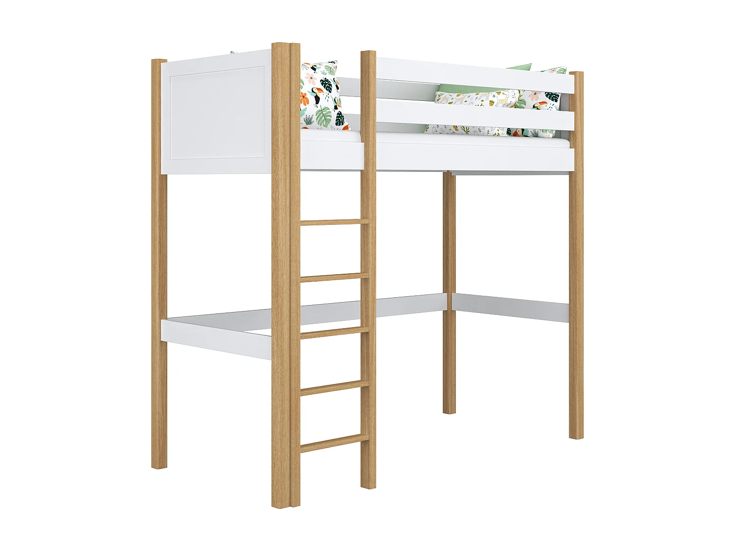 Lit mezzanine en bois N06 Blanc / Chêne Naturel 120x180
