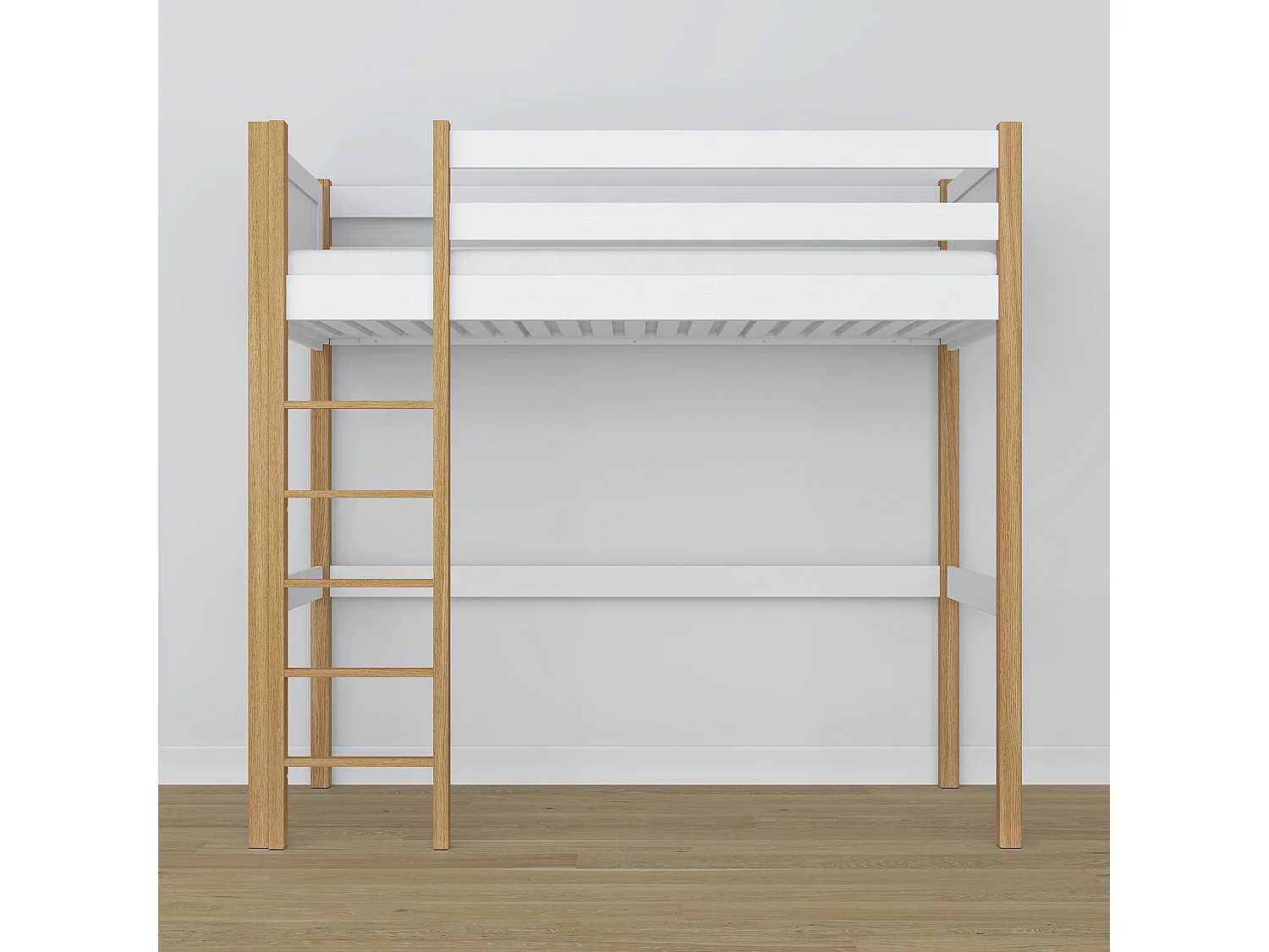 Lit mezzanine en bois N06 Blanc / Chêne Naturel 120x180