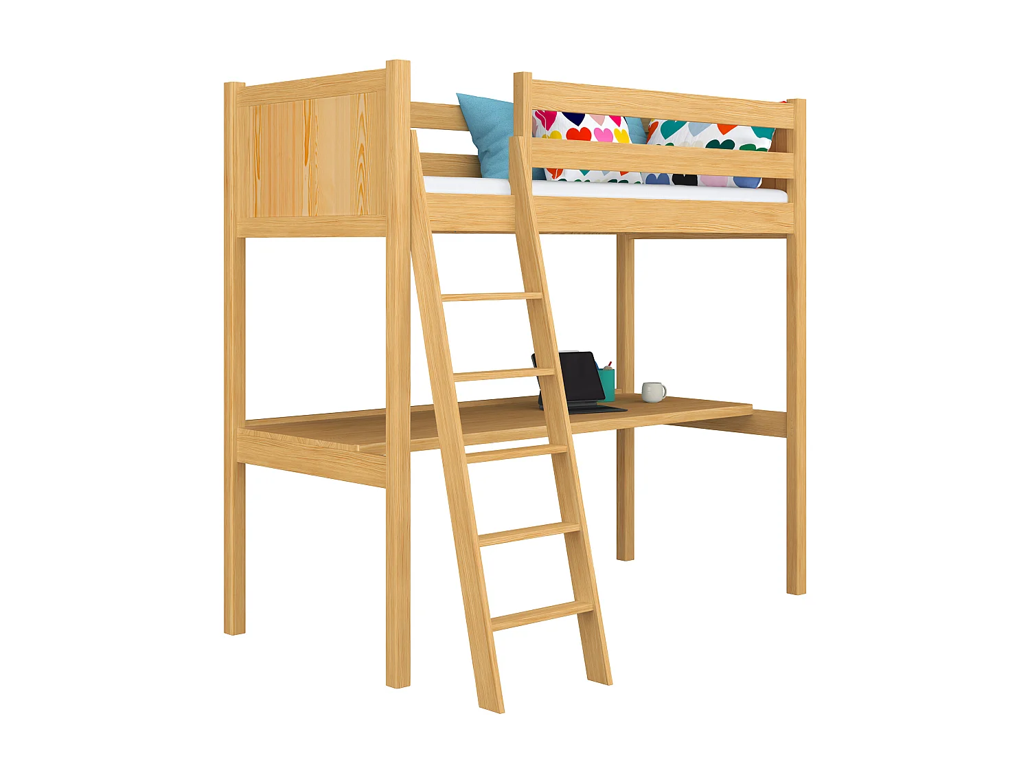 Lit mezzanine en bois - avec bureau N04 Pin Naturel 120x190