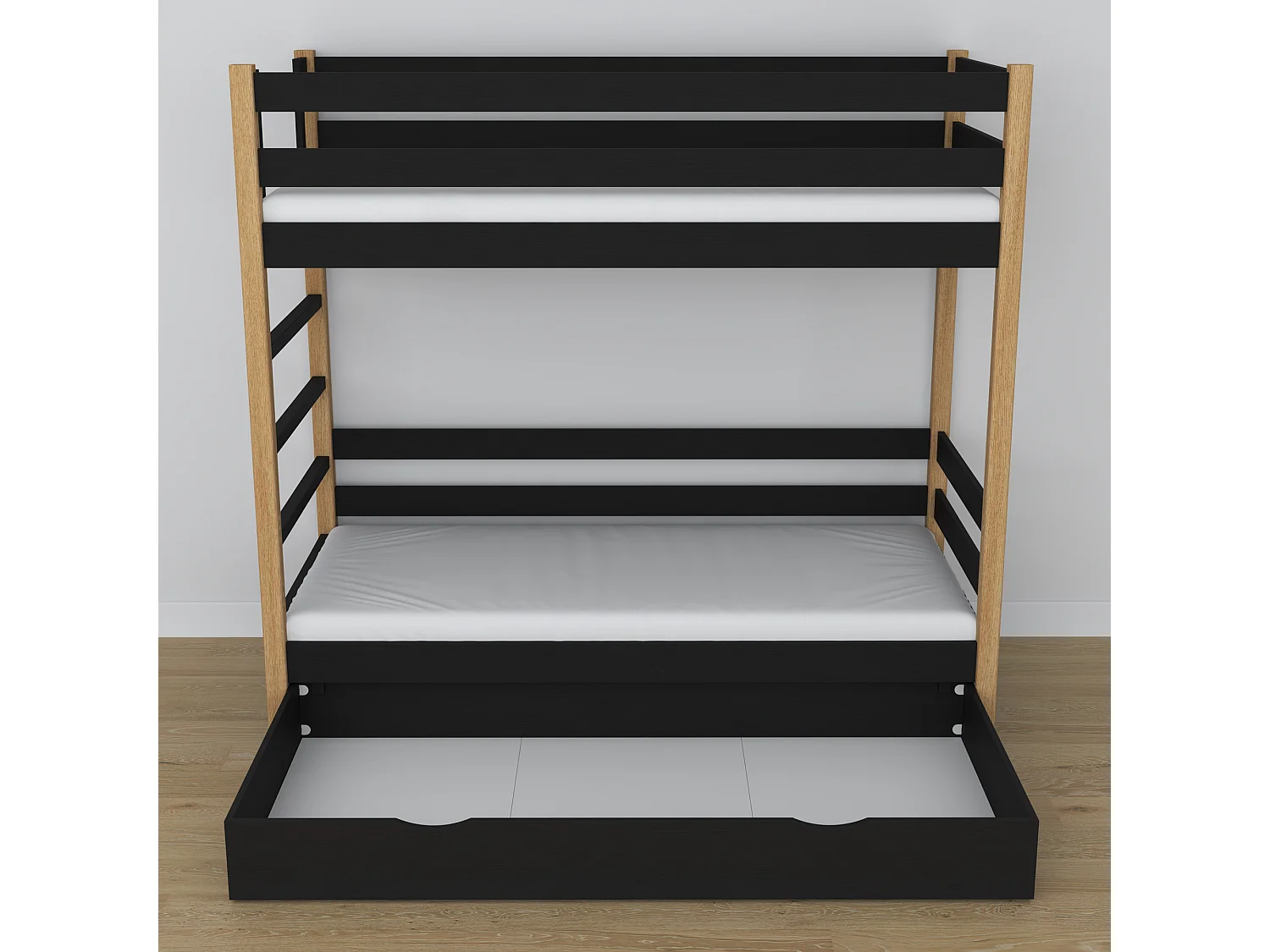 Lit superposé en bois - avec tiroir N03 Noir / Chêne Naturel 90x200