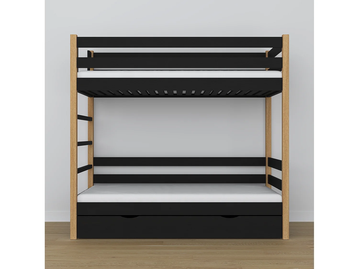 Lit superposé en bois - avec tiroir N03 Noir / Chêne Naturel 90x200