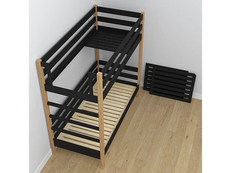 Lit superposé en bois - avec tiroir N03 Noir / Chêne Naturel 90x190