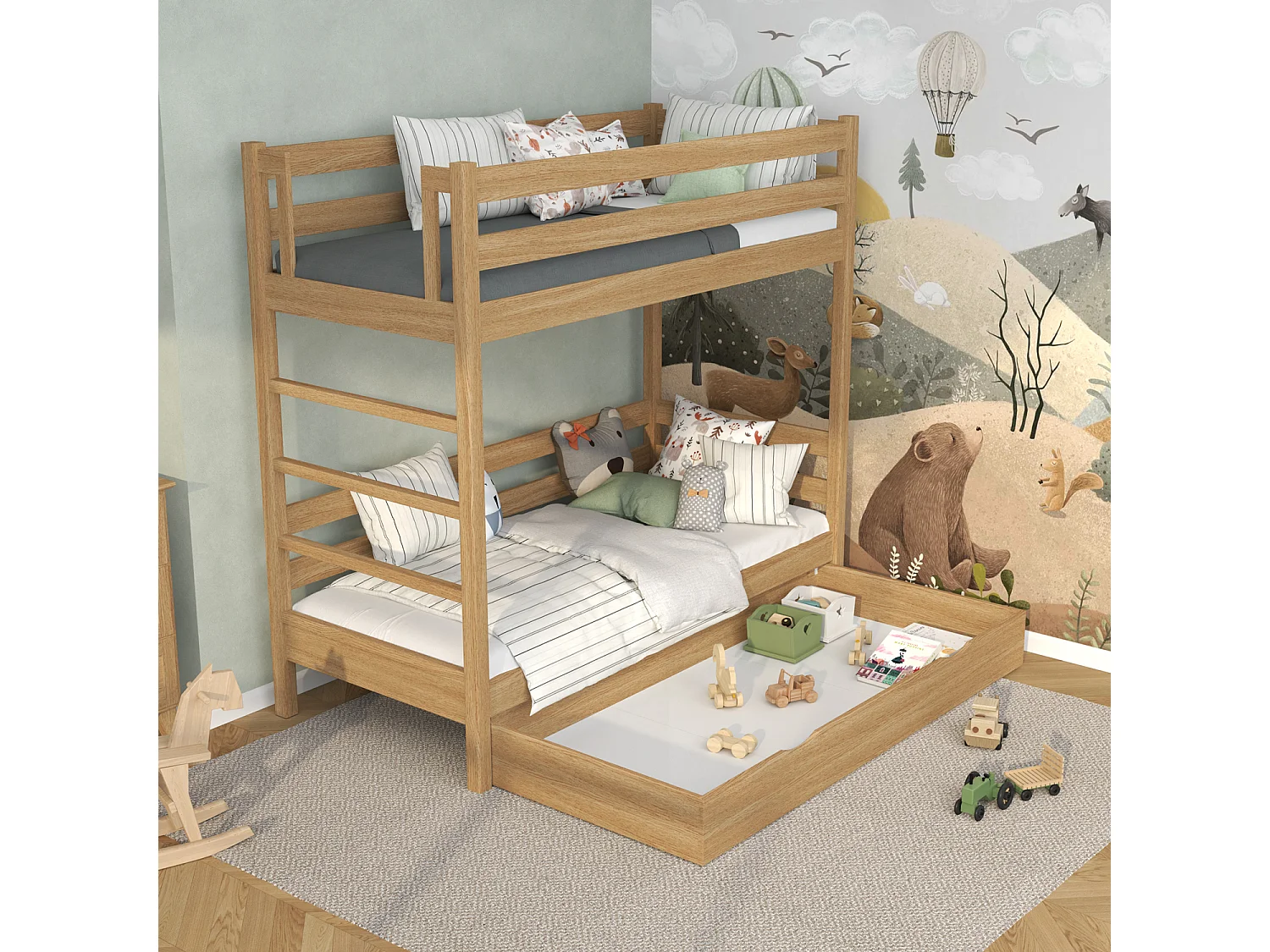 ETAGENBETT N03 mit Schublade Eiche Natur 90x190