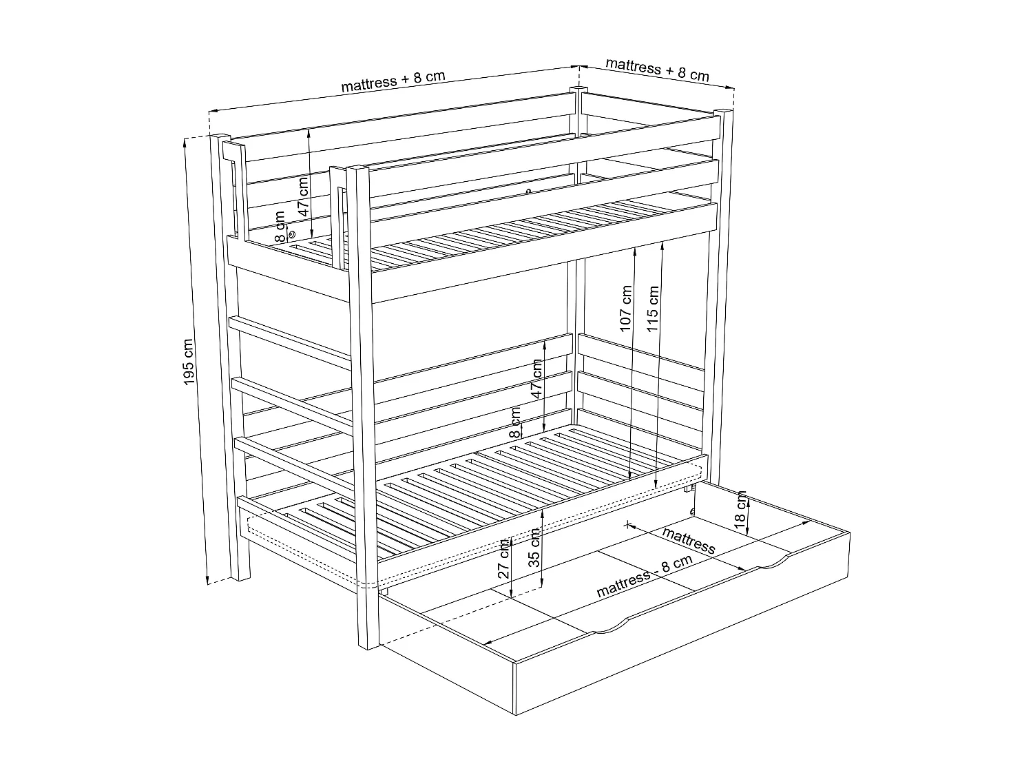 Lit superposé en bois - avec tiroir N03 Pin Naturel 90x200