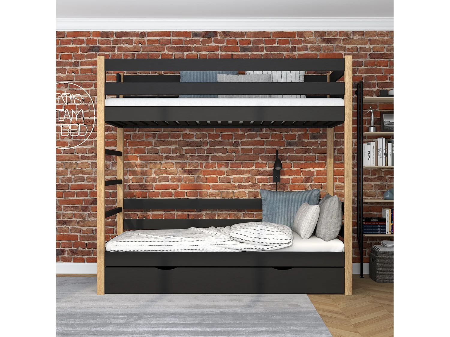 Lit superposé en bois - avec tiroir N03 Noir / Chêne Naturel 100x190