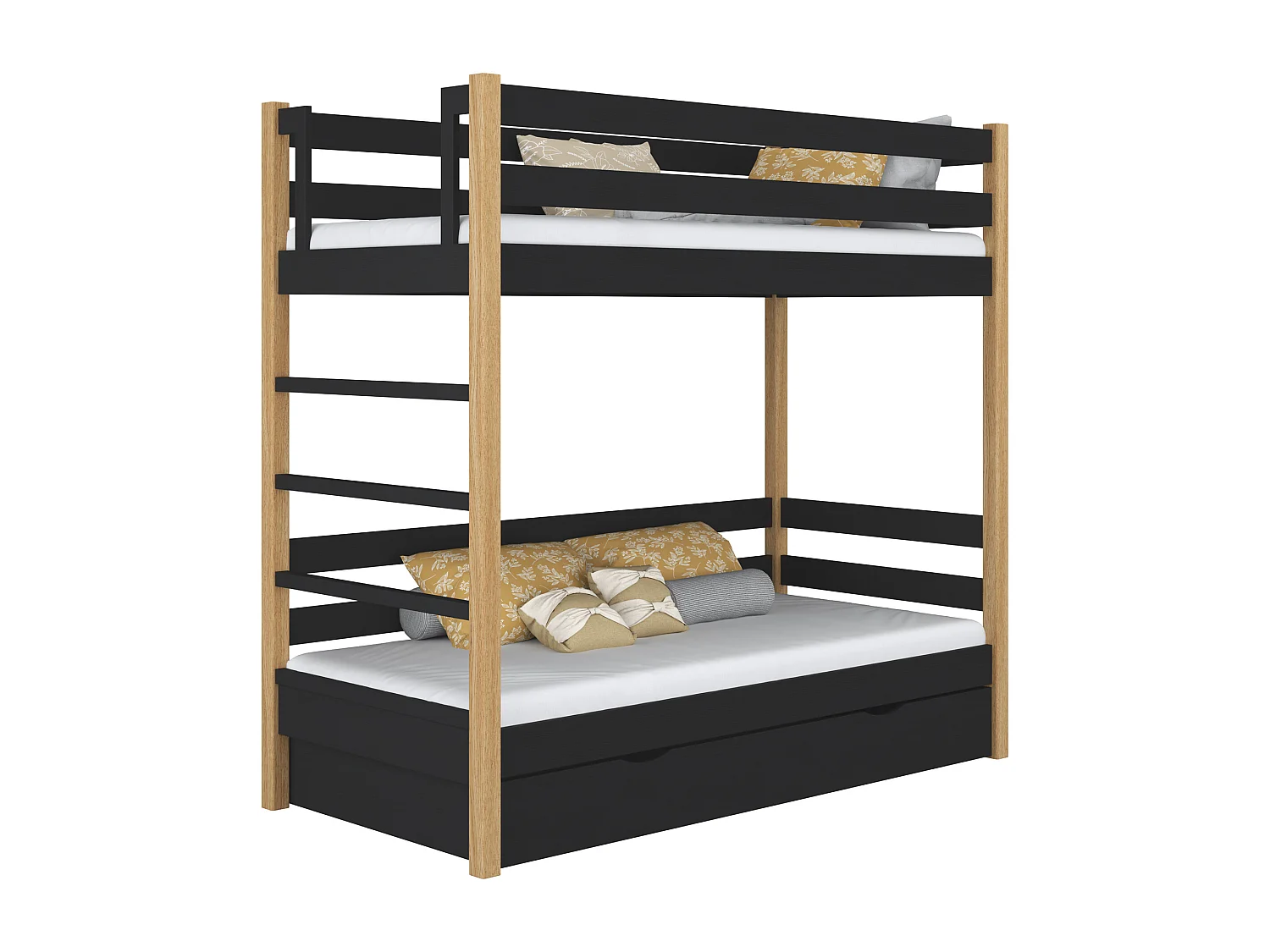Lit superposé en bois - avec tiroir N03 Noir / Chêne Naturel 80x200