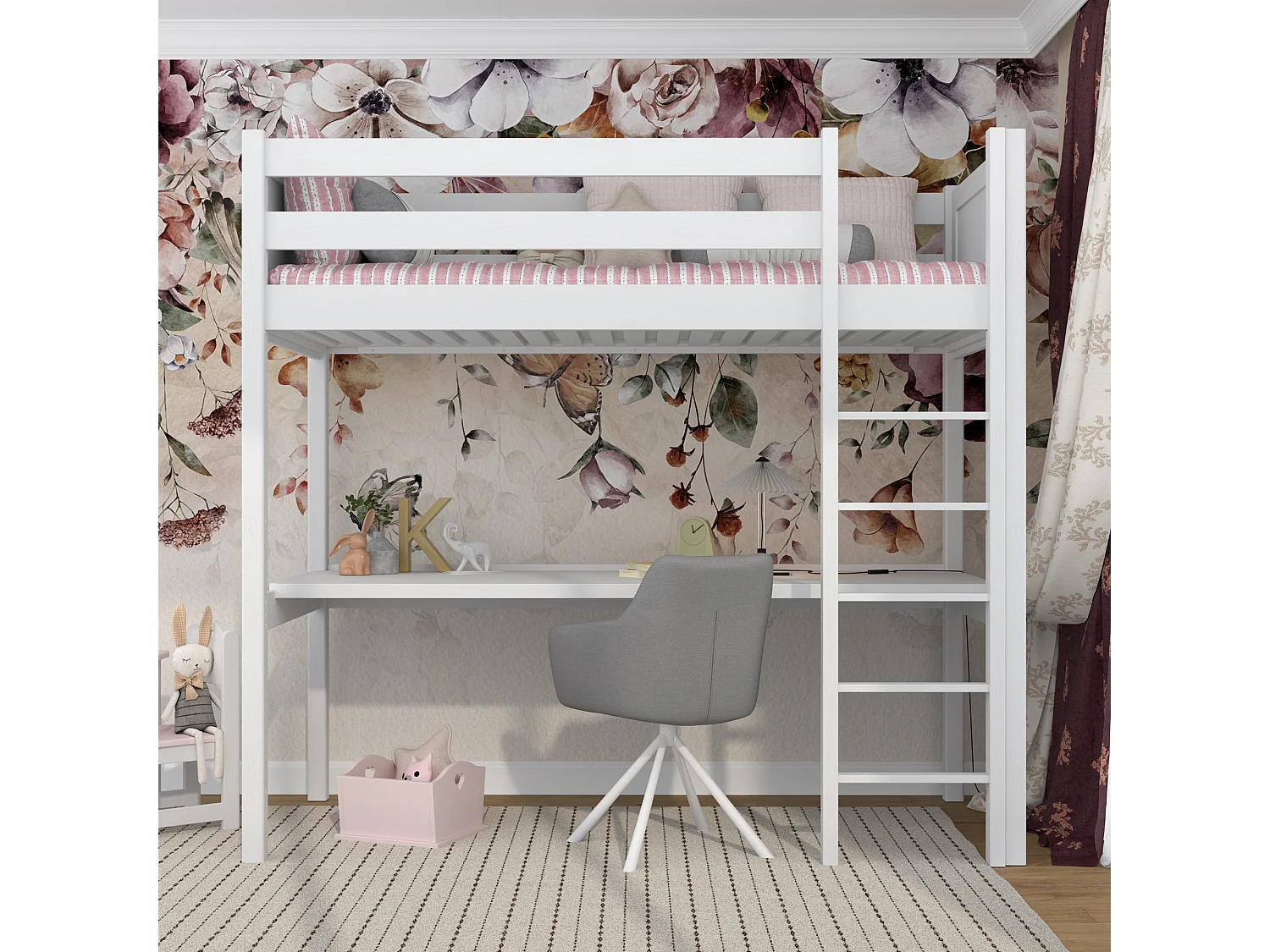 Lit mezzanine en bois - avec bureau N06 Blanc 80x180