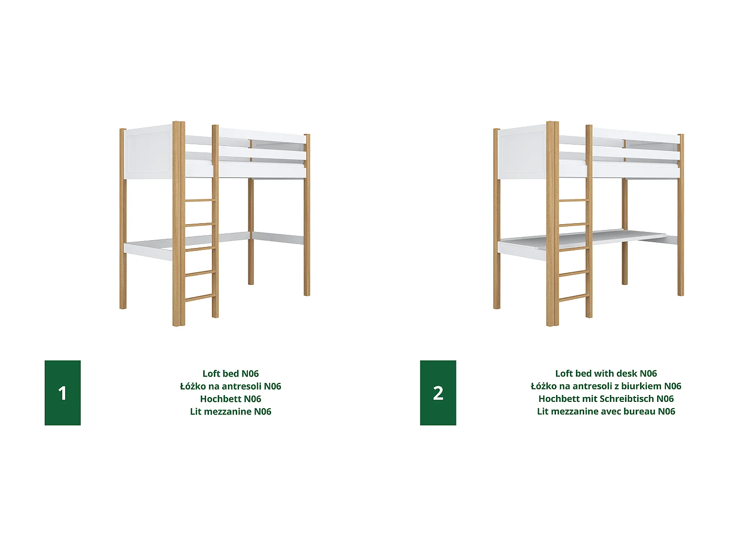 Lit mezzanine en bois - avec bureau N06 Blanc / Chêne Naturel 120x190