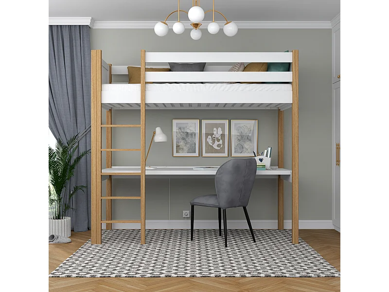 Lit mezzanine en bois - avec bureau N06 Blanc / Chêne Naturel 120x190