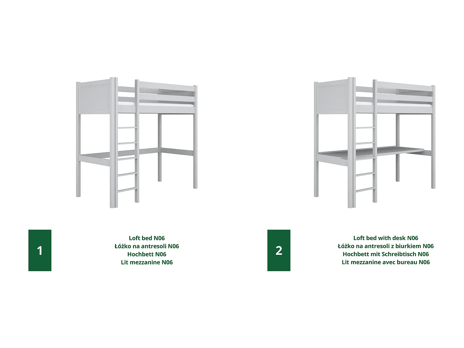 Lit mezzanine en bois - avec bureau N06 Gris 120x180