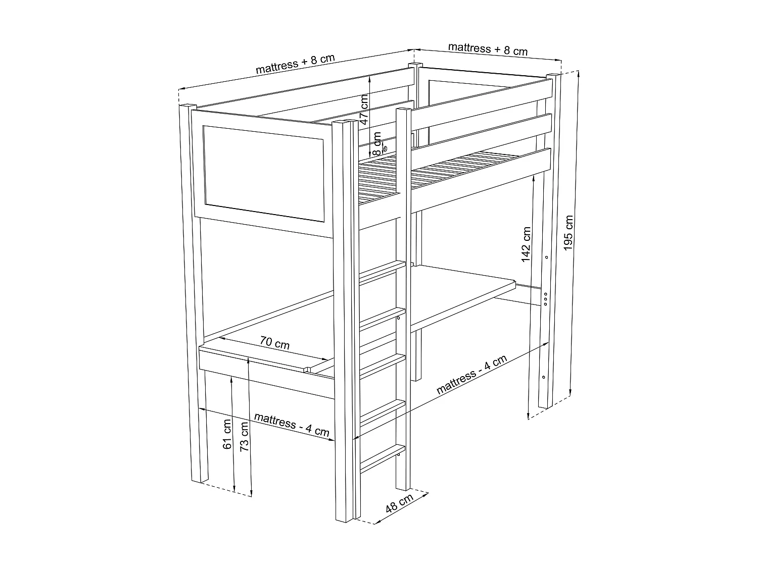 Lit mezzanine en bois - avec bureau N06 Pin Clair 120x190