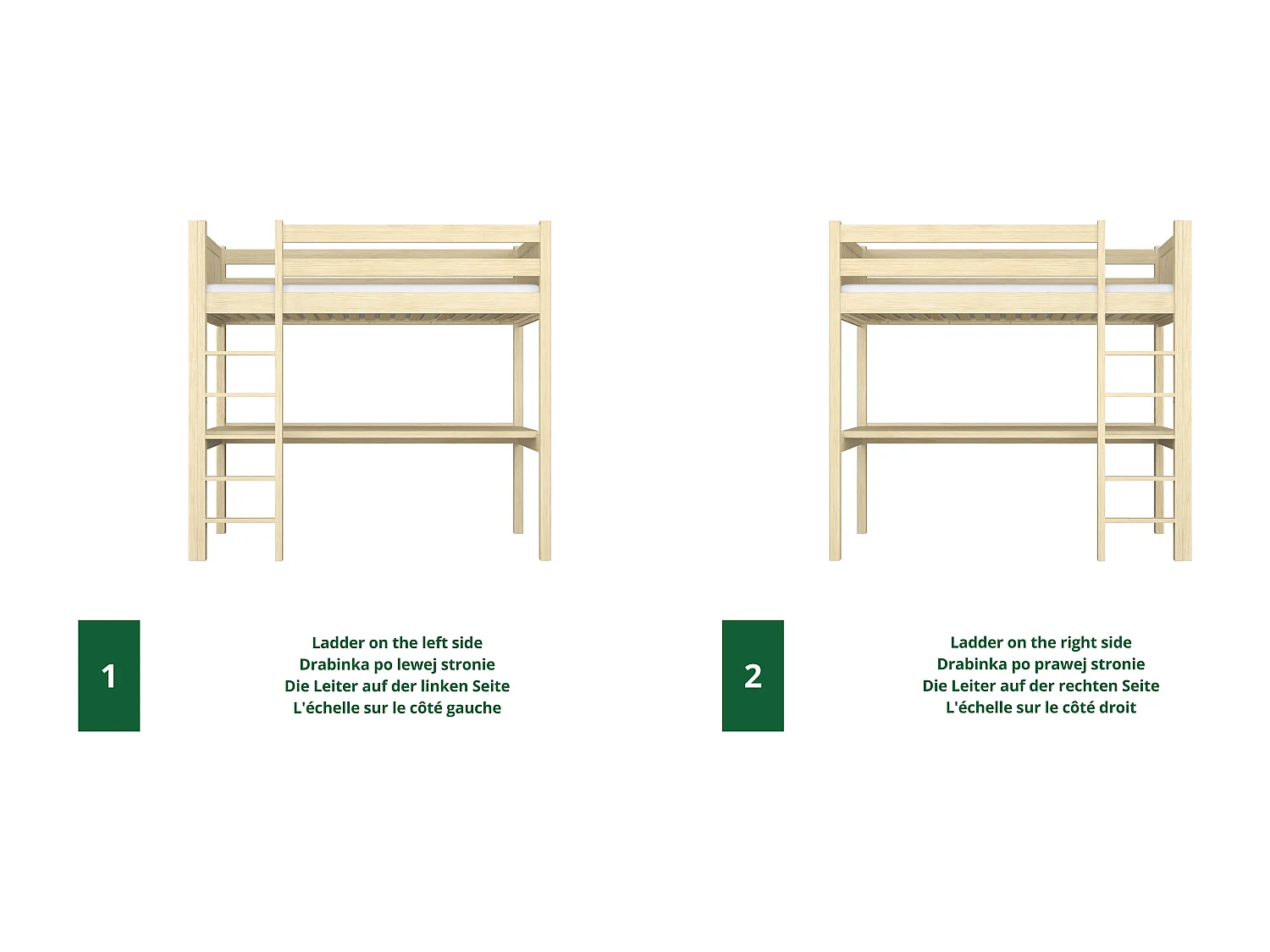 Lit mezzanine en bois - avec bureau N06 Pin Clair 120x180
