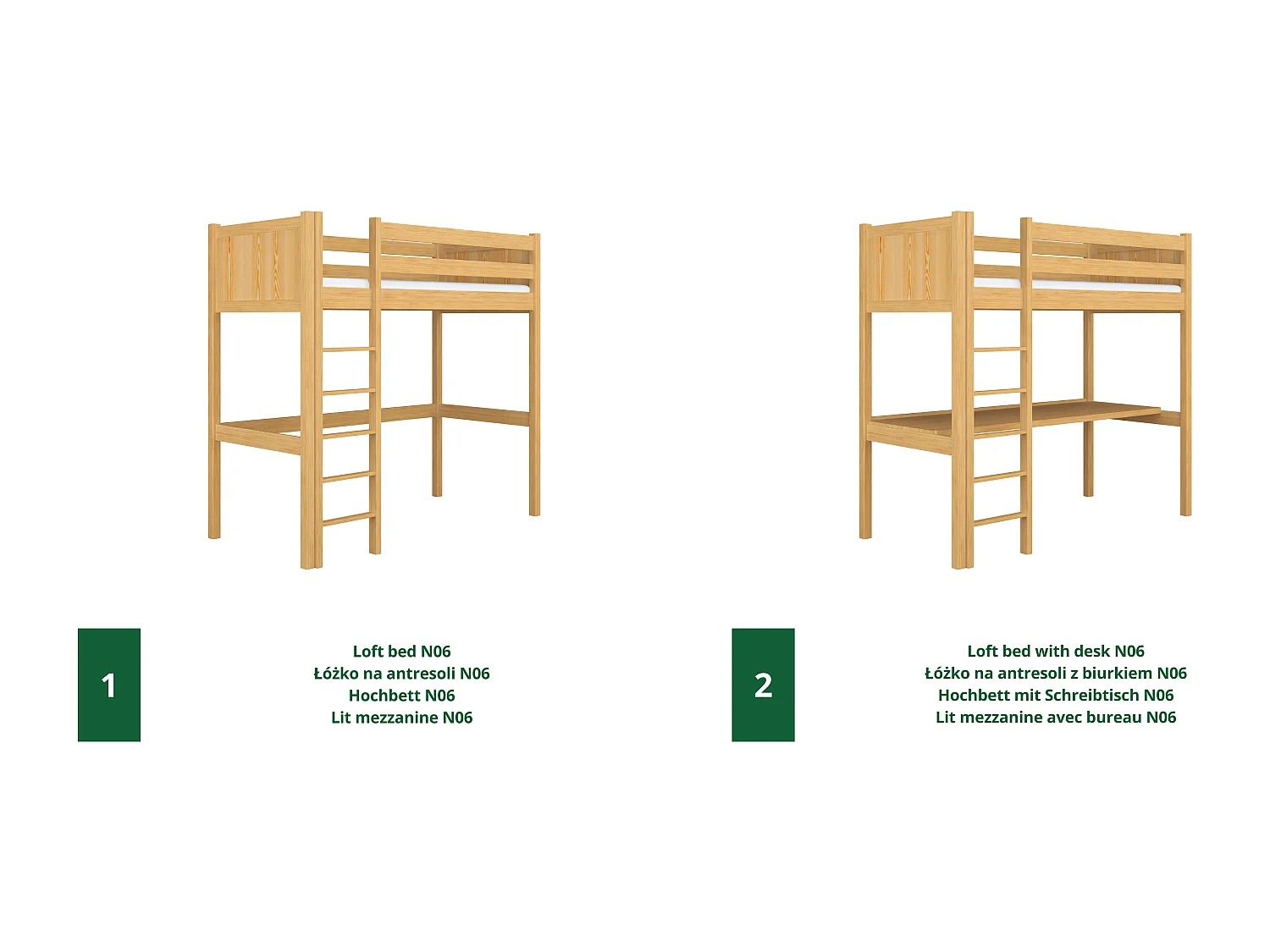 Lit mezzanine en bois - avec bureau N06 Pin Naturel 90x200